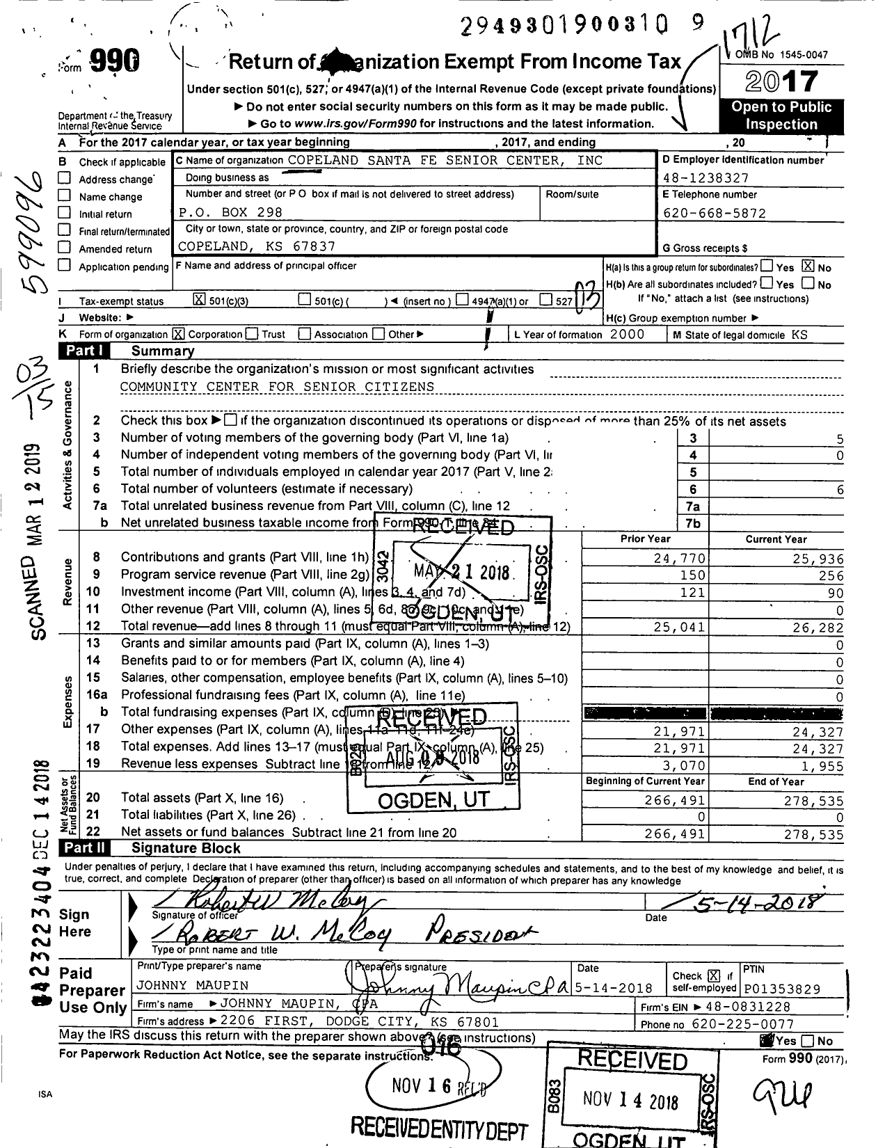 Image of first page of 2017 Form 990 for Copeland Santa Fe Senior Center