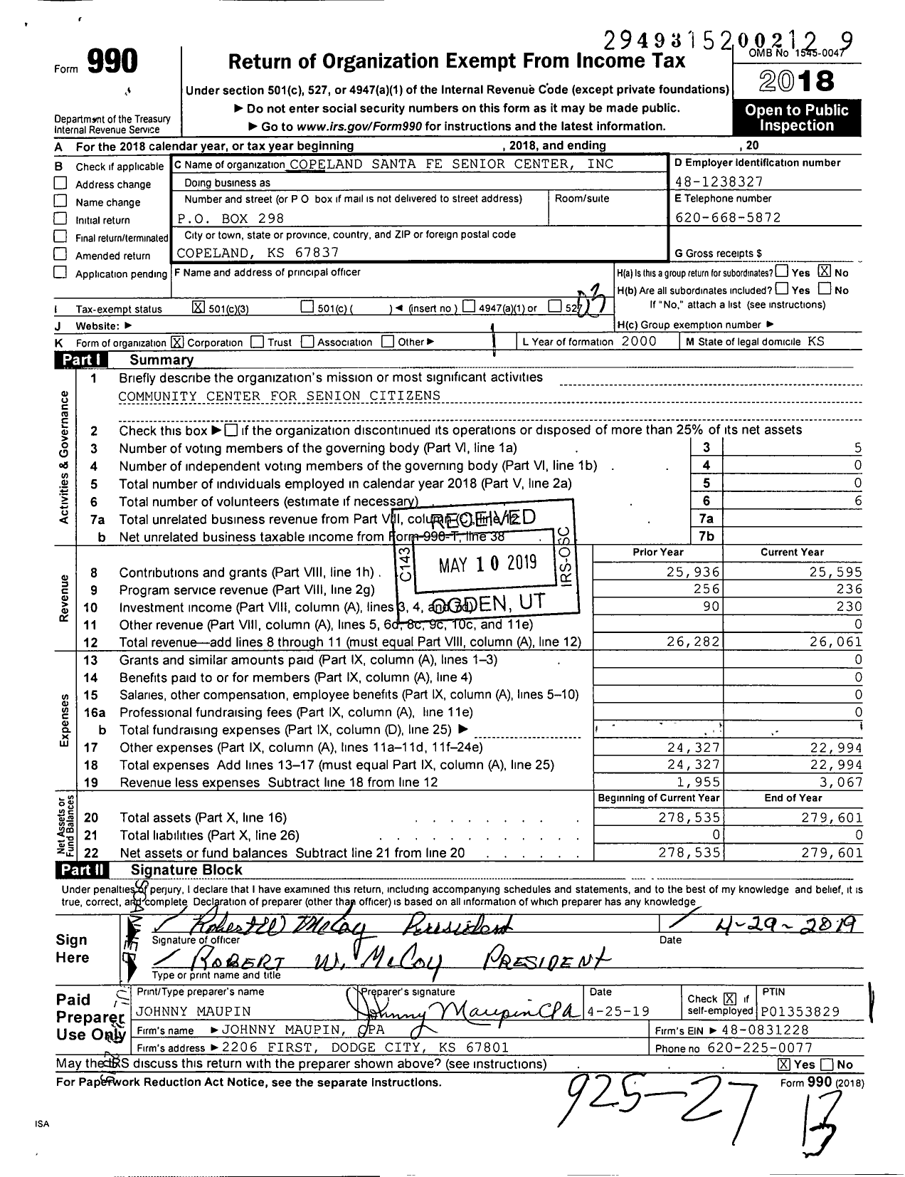 Image of first page of 2018 Form 990 for Copeland Santa Fe Senior Center