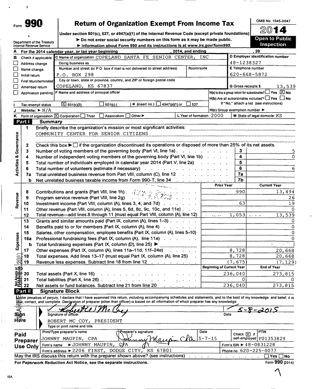 Image of first page of 2014 Form 990 for Copeland Santa Fe Senior Center