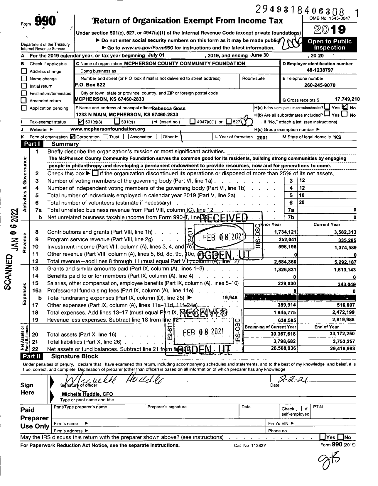 Image of first page of 2019 Form 990 for Mcpherson County Community Foundation