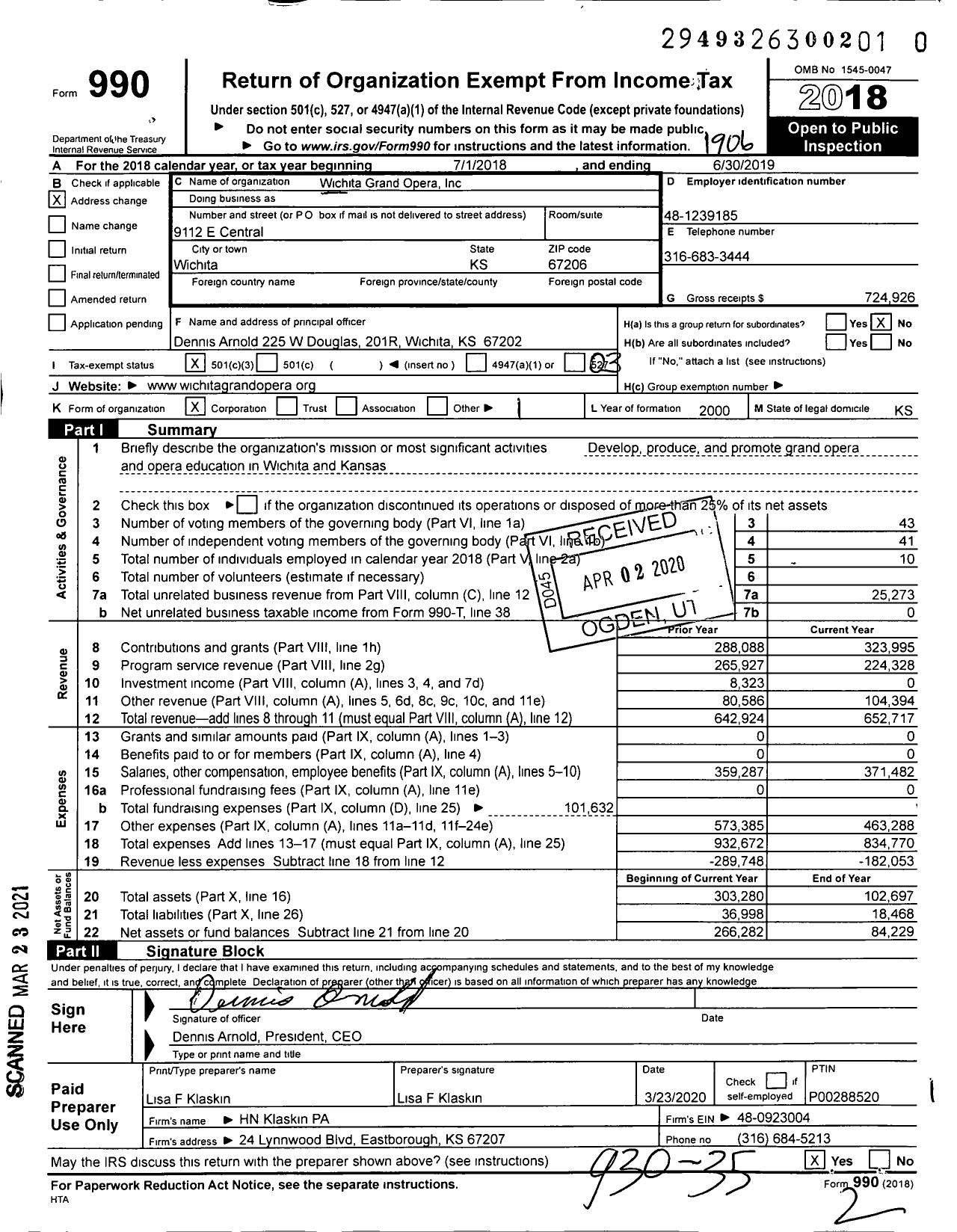 Image of first page of 2018 Form 990 for Wichita Grand Opera (WGO)