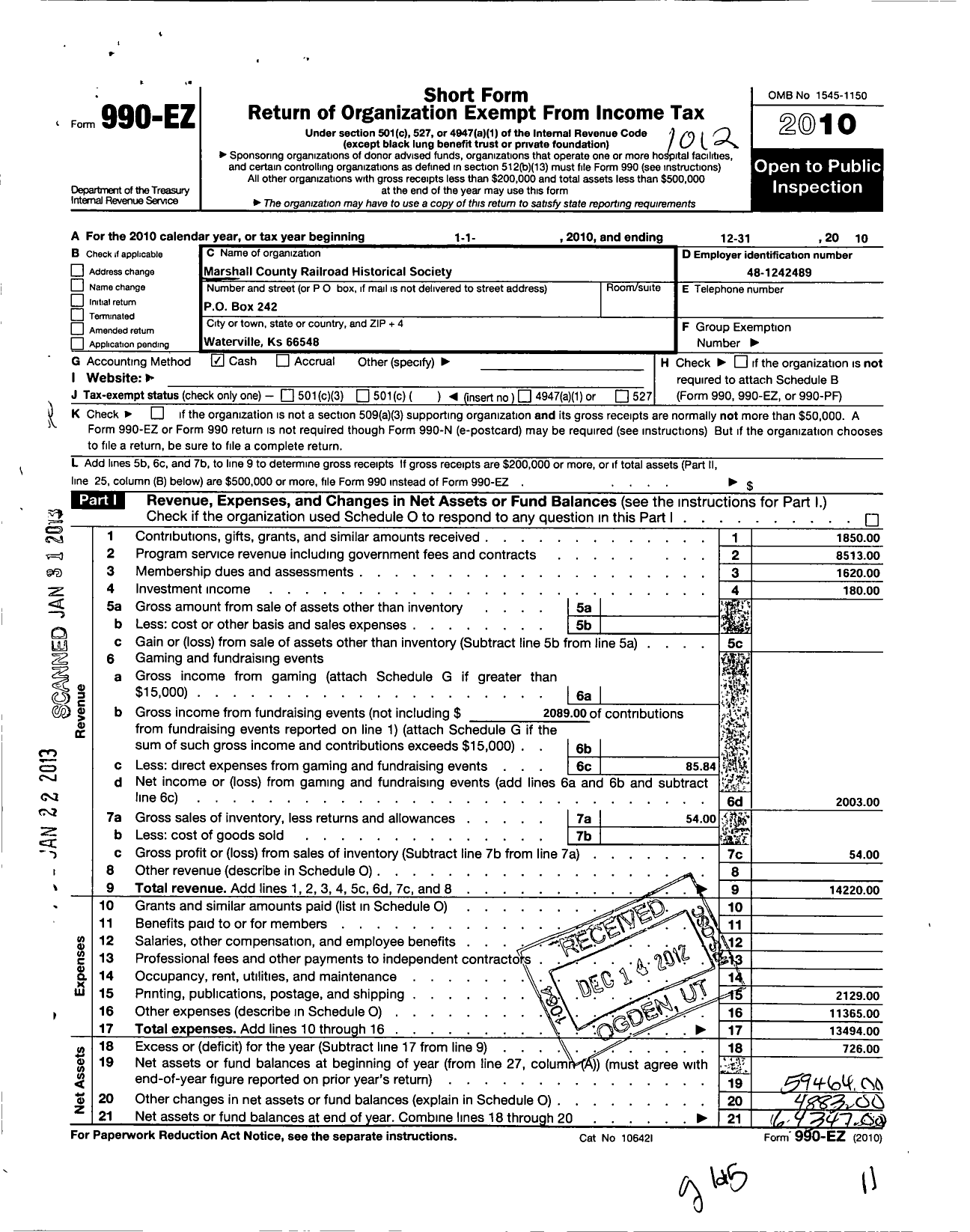 Image of first page of 2010 Form 990EO for Marshall County Railroad Historical Society