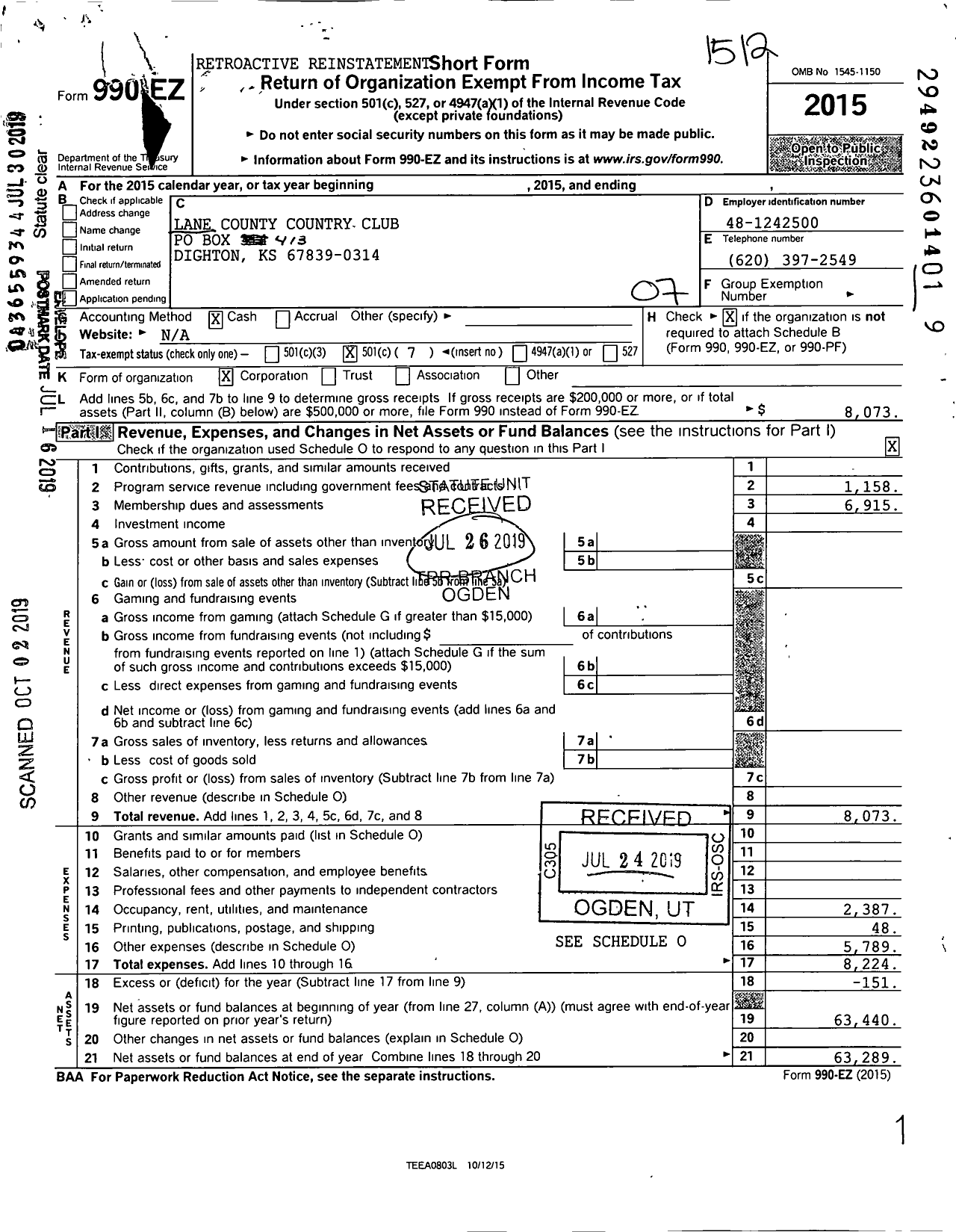 Image of first page of 2015 Form 990EO for Lane County Country Club