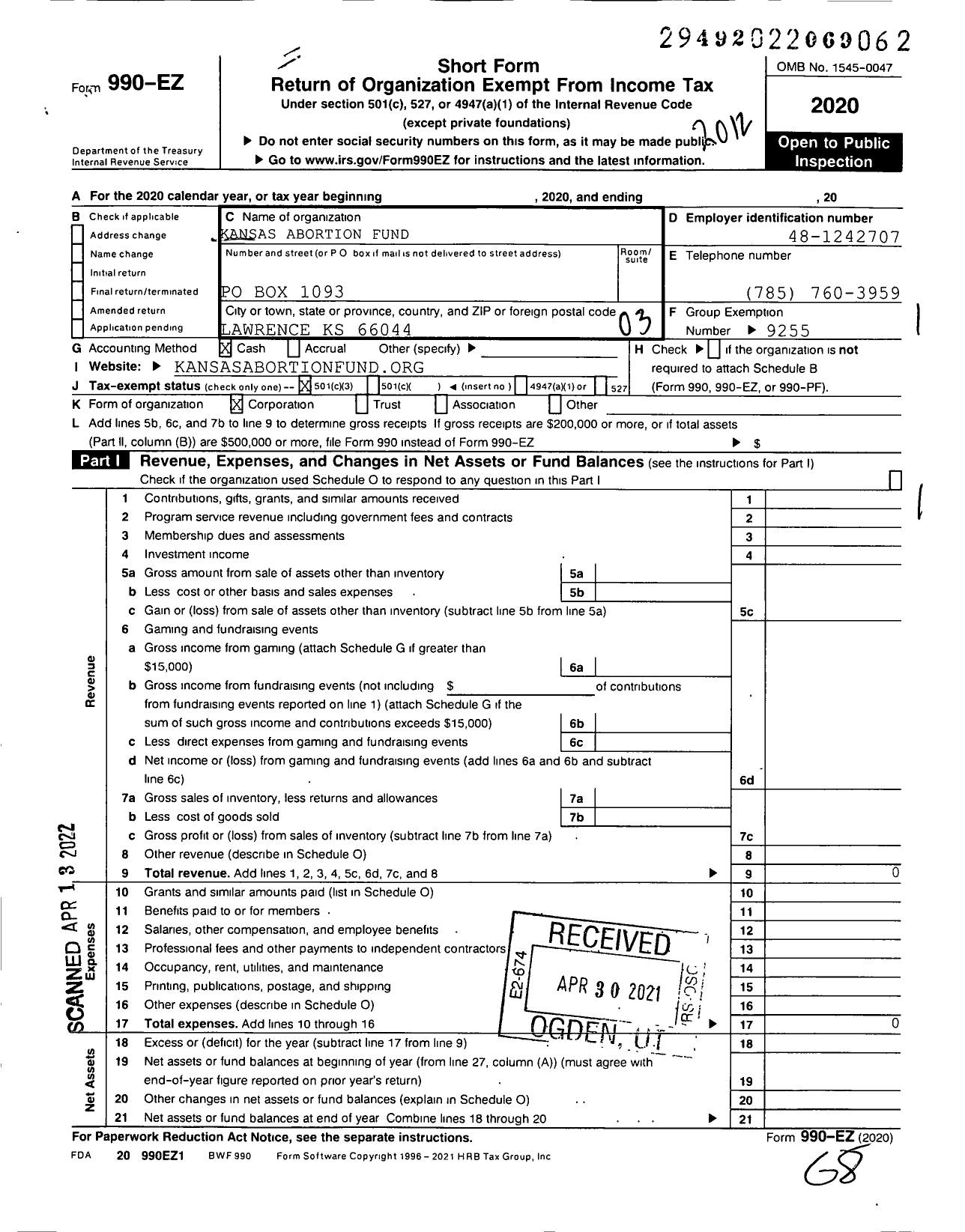 Image of first page of 2020 Form 990EZ for Kansas Abortion Fund