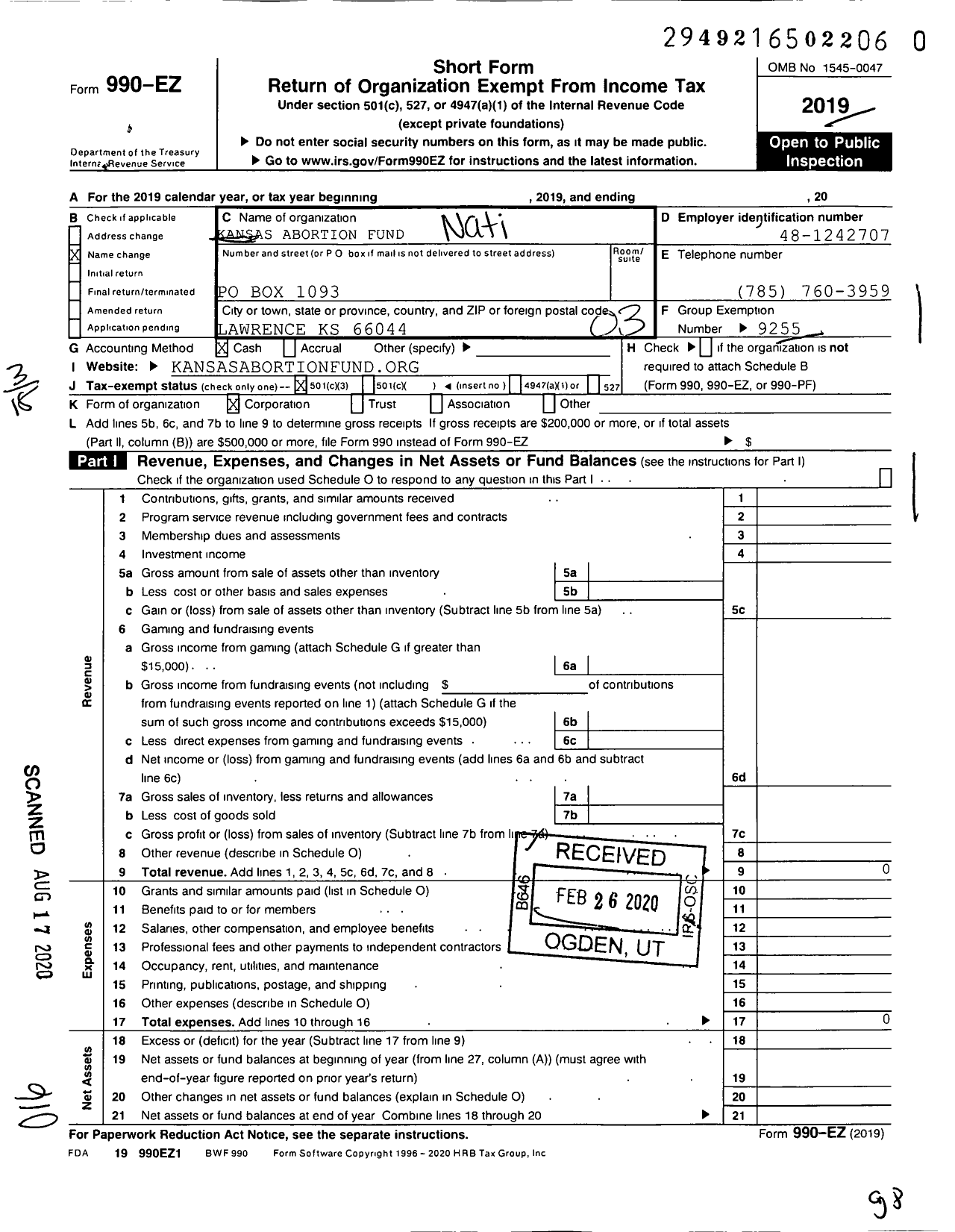 Image of first page of 2019 Form 990EZ for Kansas Abortion Fund