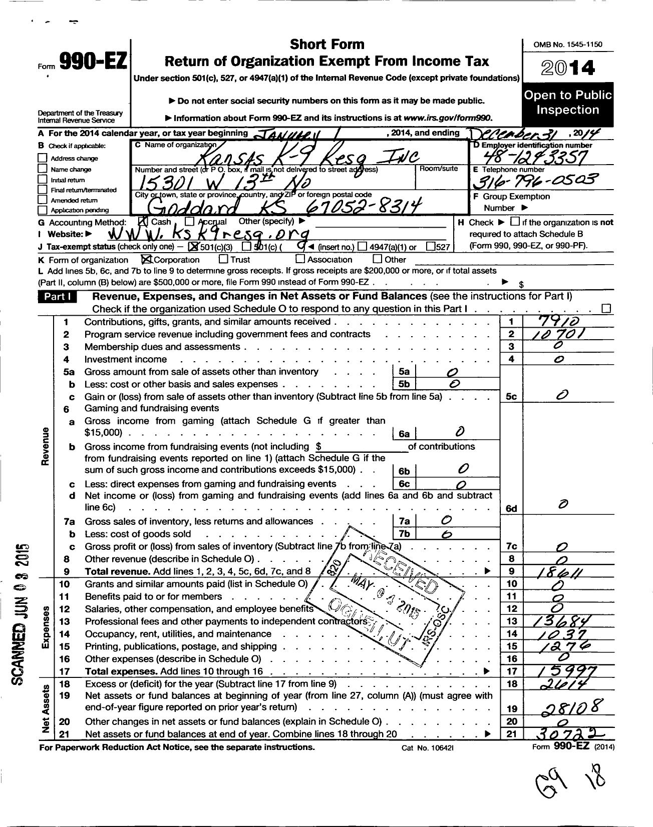 Image of first page of 2014 Form 990EZ for Kansas K-9 Resq