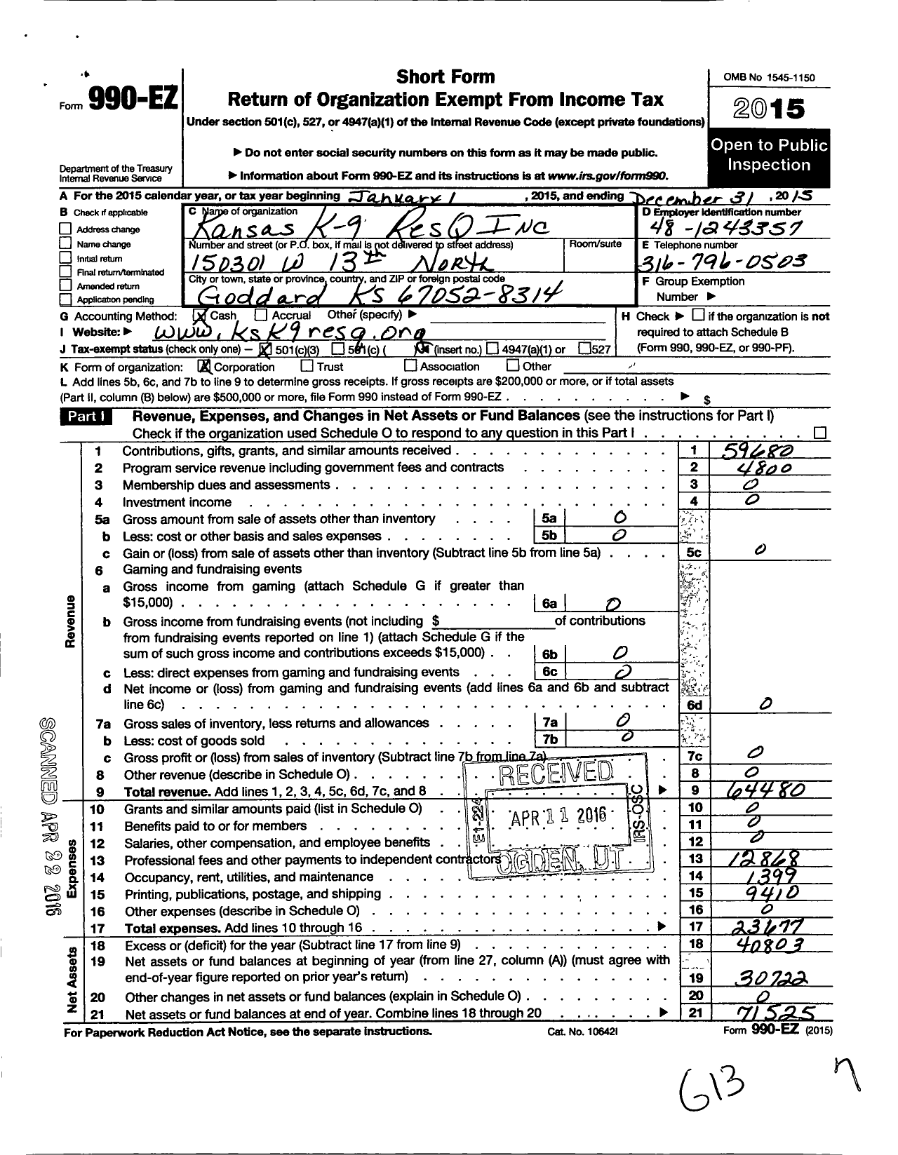Image of first page of 2015 Form 990EZ for Kansas K-9 Resq
