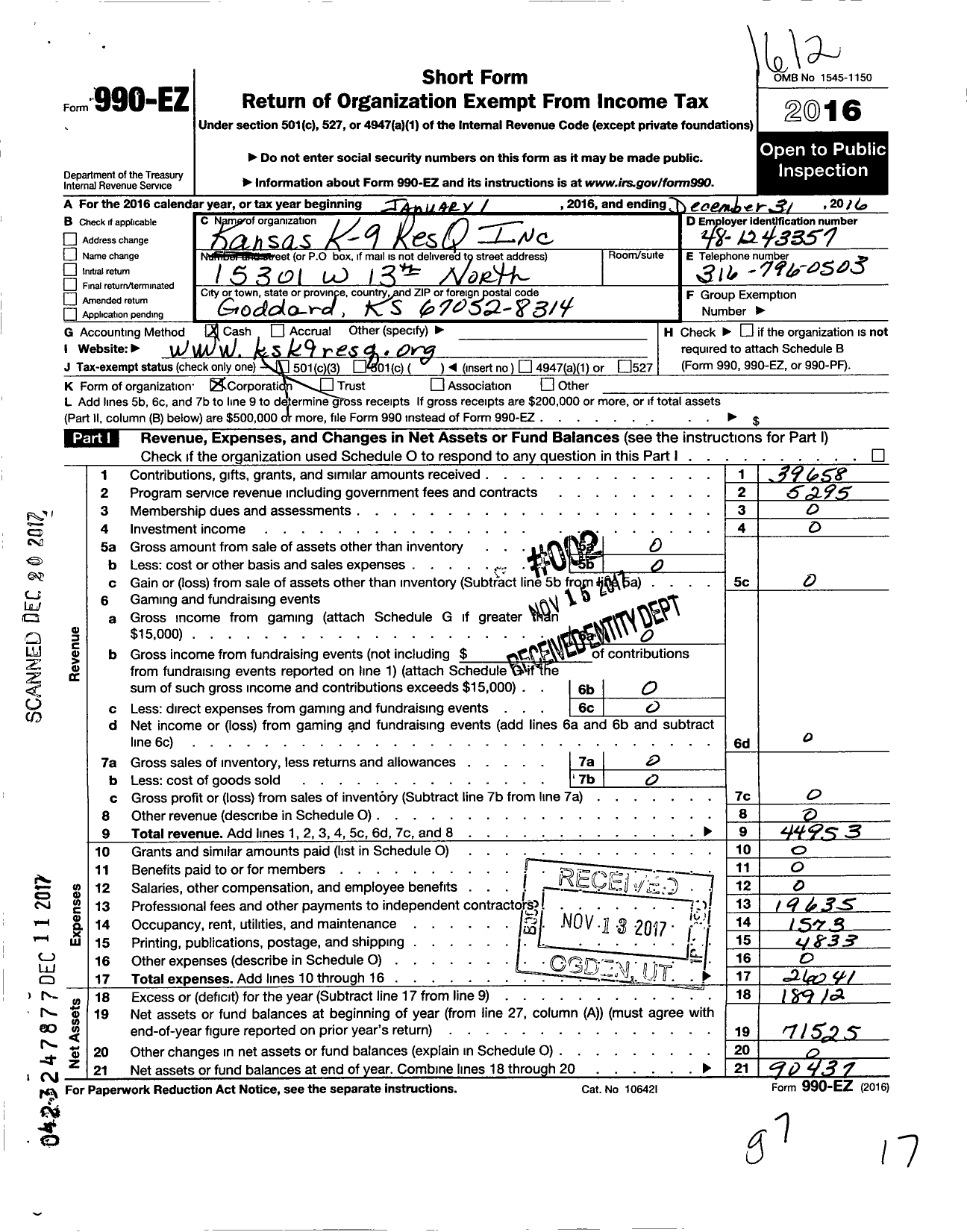 Image of first page of 2016 Form 990EZ for Kansas K-9 Resq
