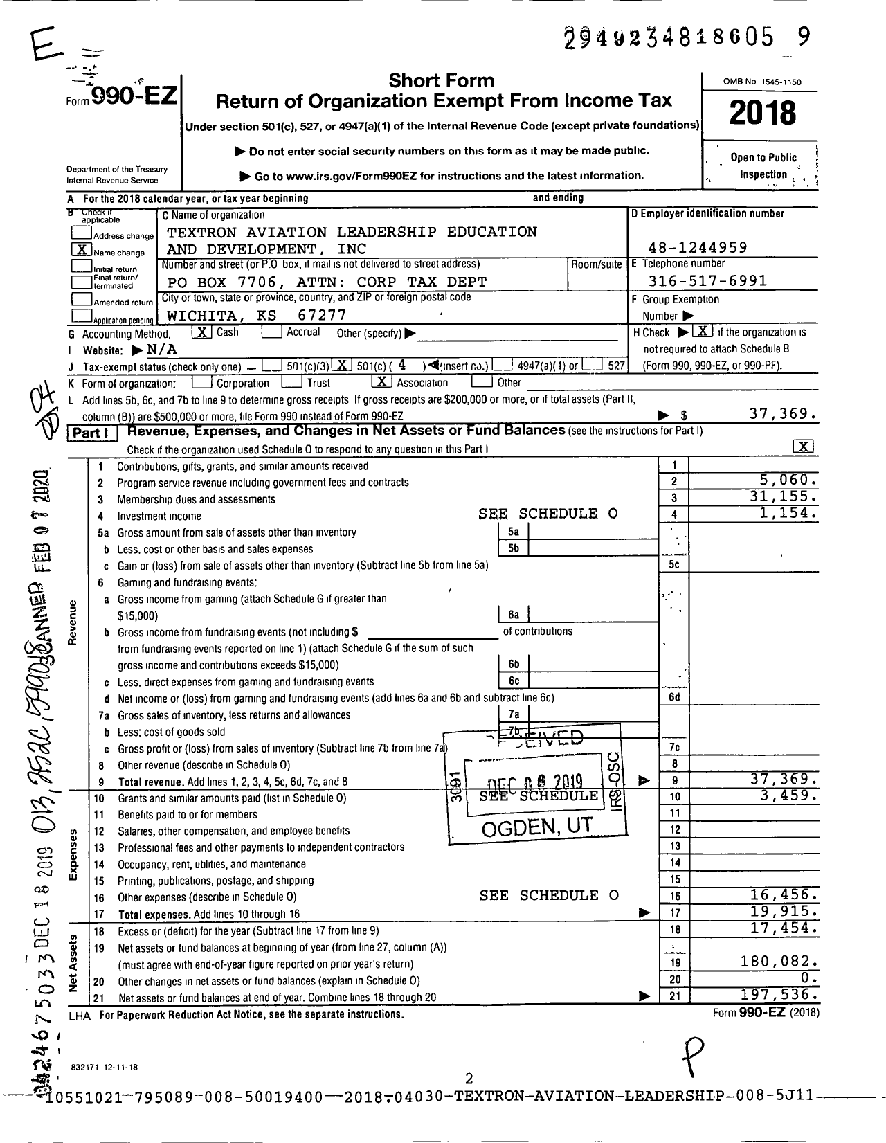 Image of first page of 2018 Form 990EO for Textron Aviation Leadership Education and Development