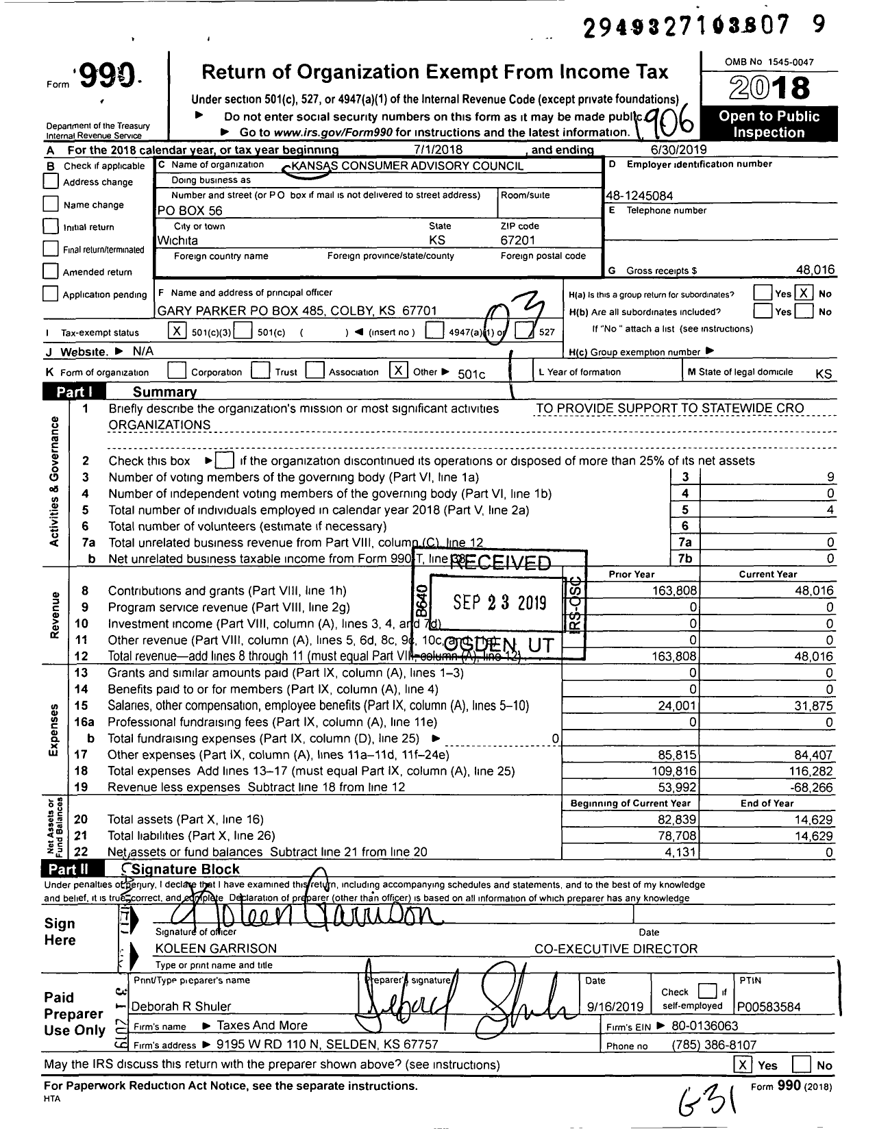 Image of first page of 2018 Form 990 for Kansas Consumer Advisory Council