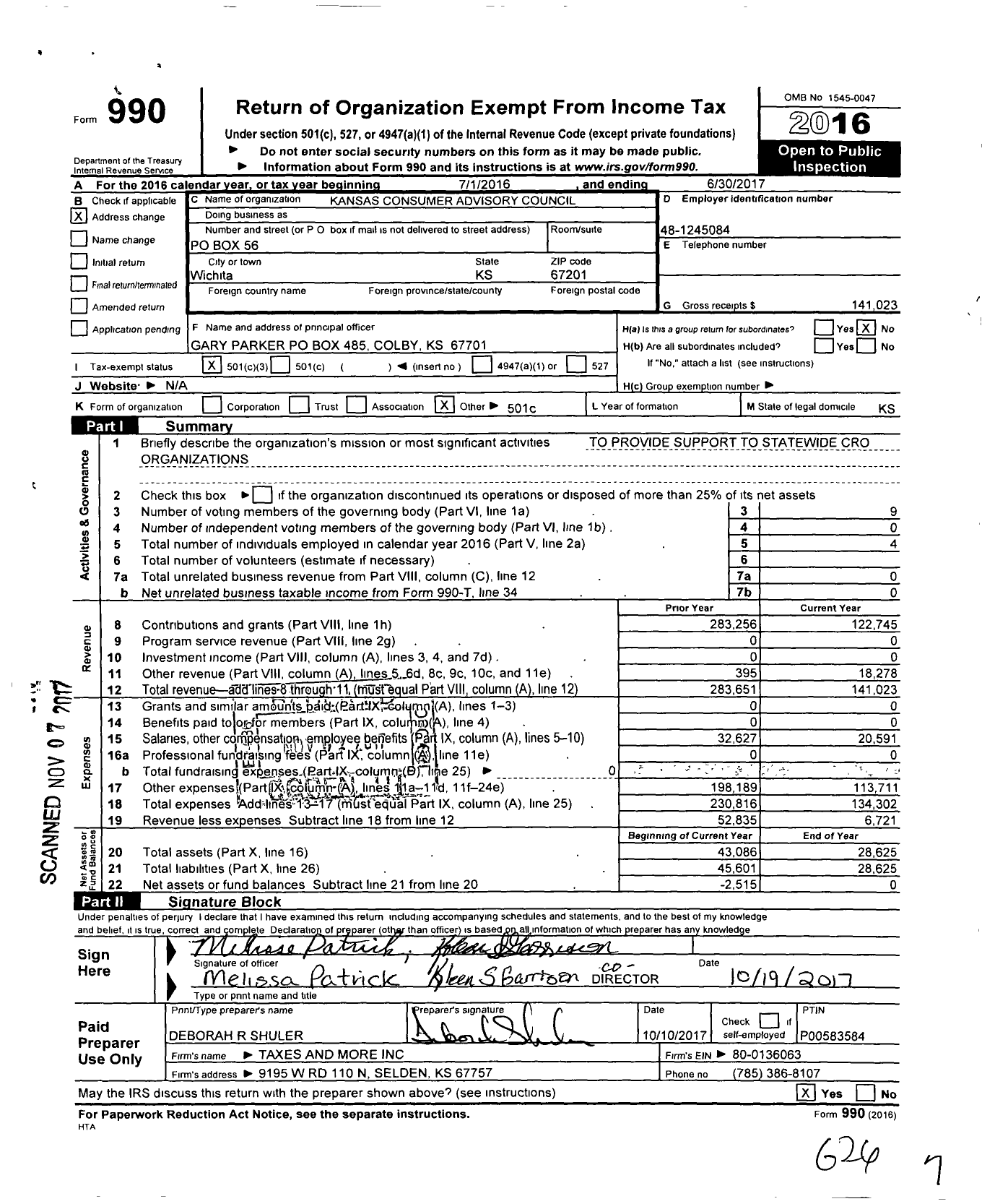 Image of first page of 2016 Form 990 for Kansas Consumer Advisory Council