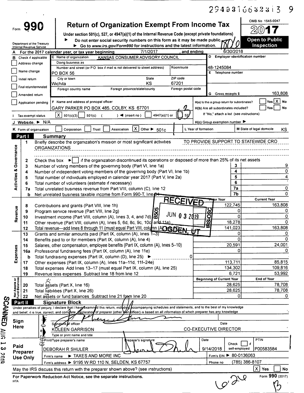 Image of first page of 2017 Form 990 for Kansas Consumer Advisory Council