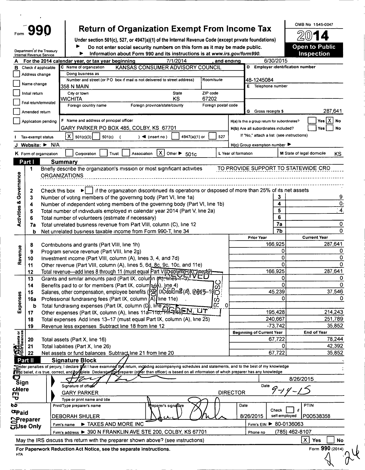 Image of first page of 2014 Form 990 for Kansas Consumer Advisory Council