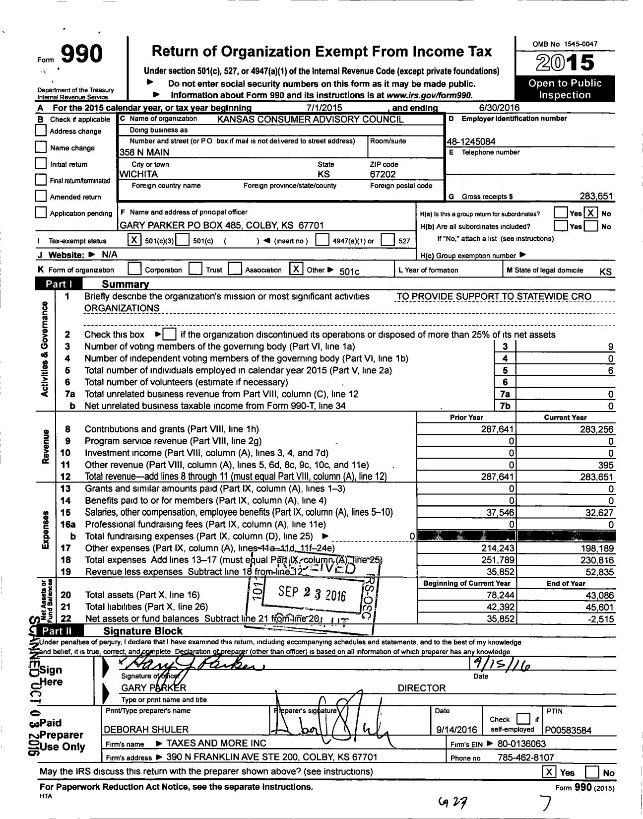 Image of first page of 2015 Form 990 for Kansas Consumer Advisory Council