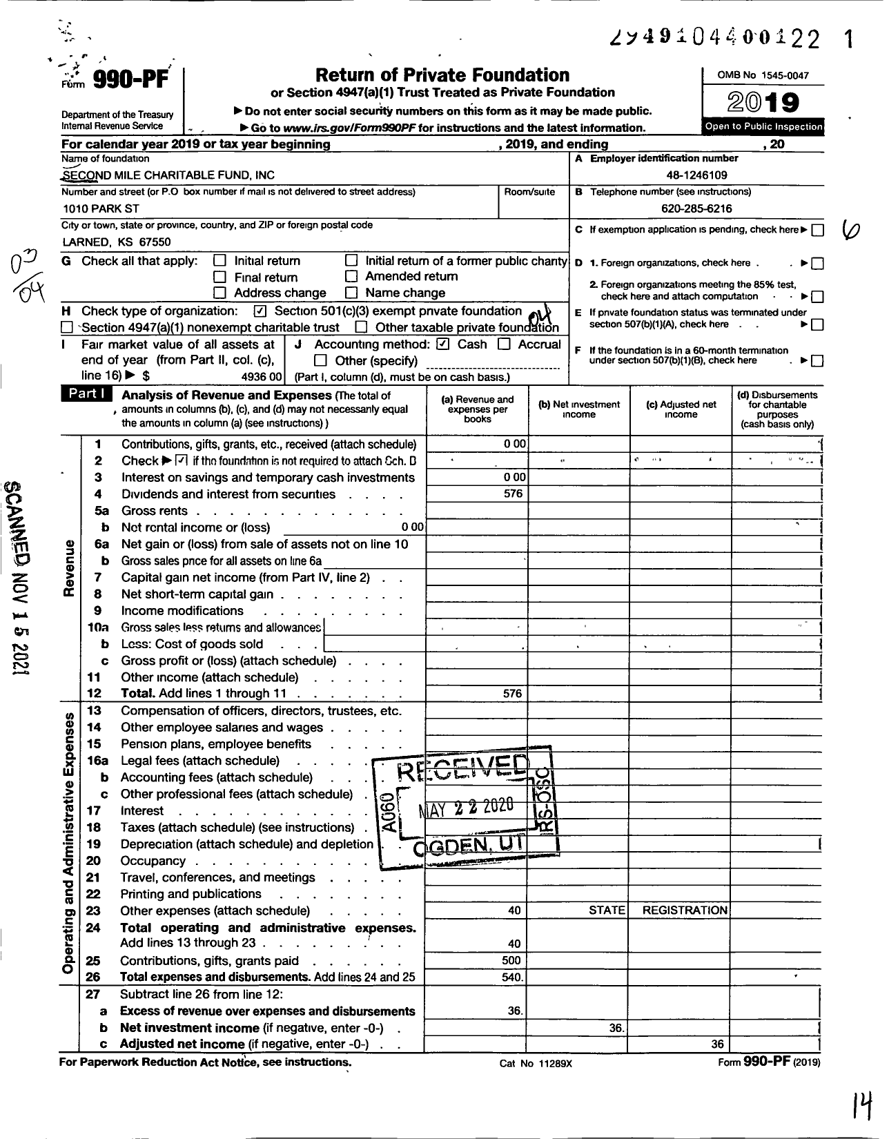 Image of first page of 2019 Form 990PF for Second Mile Charitable Fund