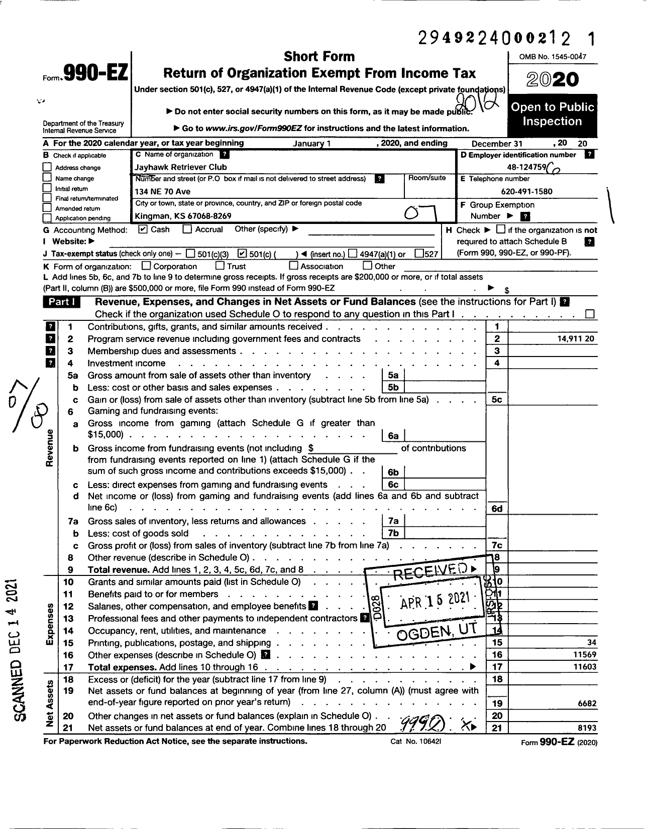 Image of first page of 2020 Form 990EO for Jayhawk Retriever Club