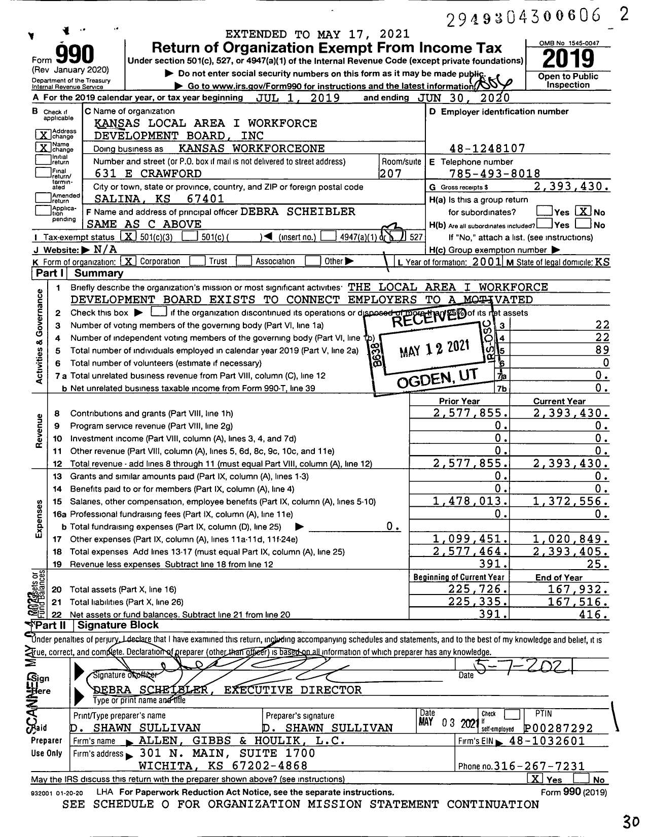 Image of first page of 2019 Form 990 for Kansas Workforceone