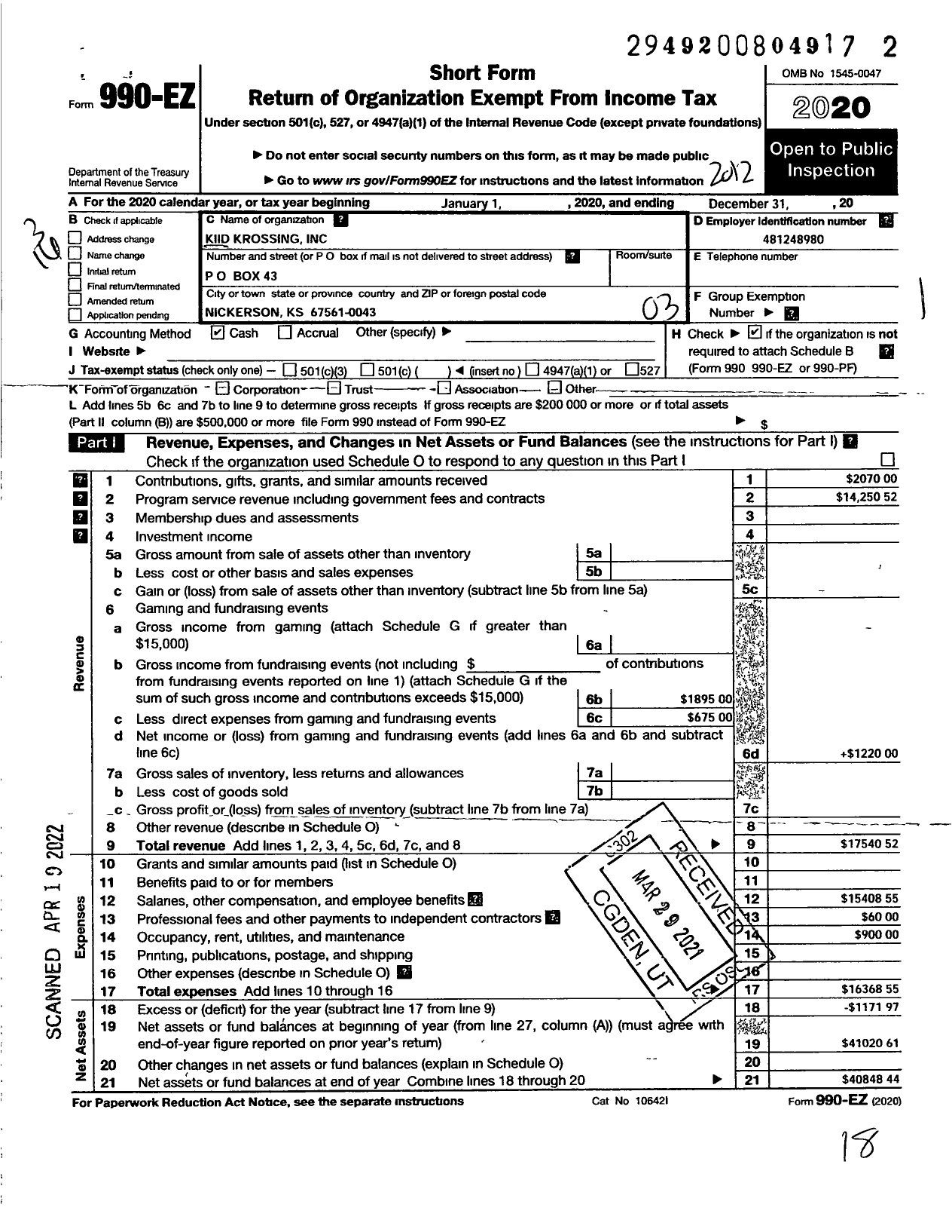 Image of first page of 2020 Form 990EZ for Kid Krossing