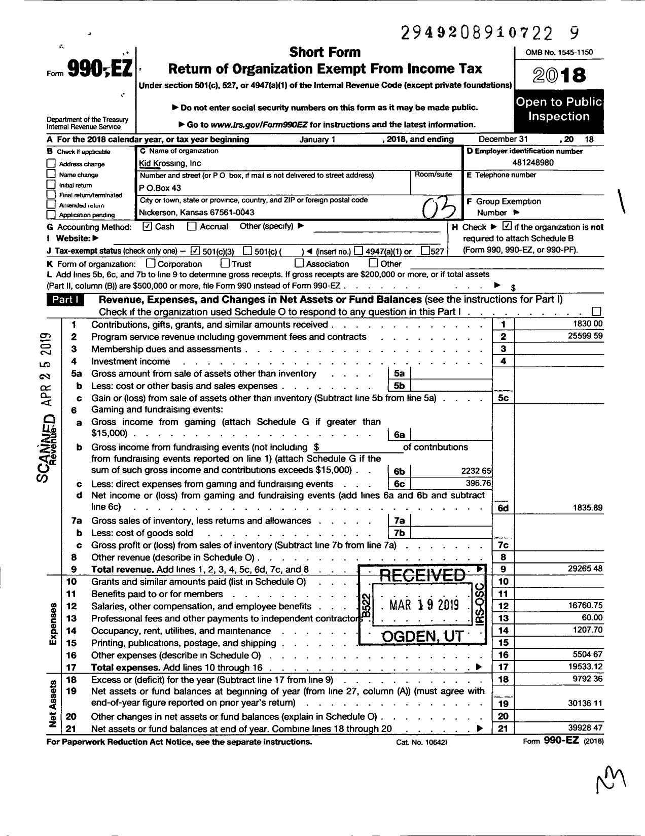 Image of first page of 2018 Form 990EZ for Kid Krossing