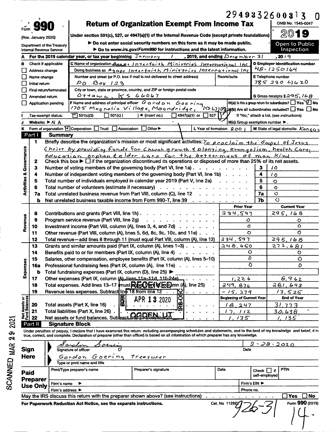 Image of first page of 2019 Form 990 for Agape Interfaith Ministries International