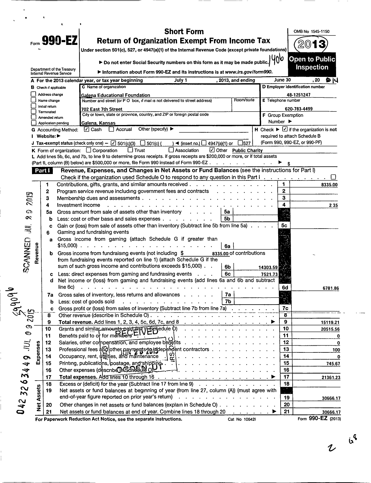 Image of first page of 2013 Form 990EZ for Galena Educational Foundation