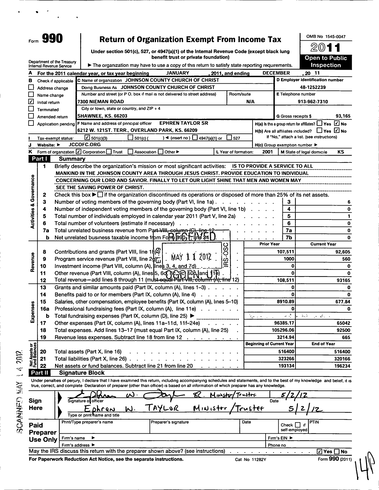 Image of first page of 2011 Form 990 for Church of Christ at Johnson County