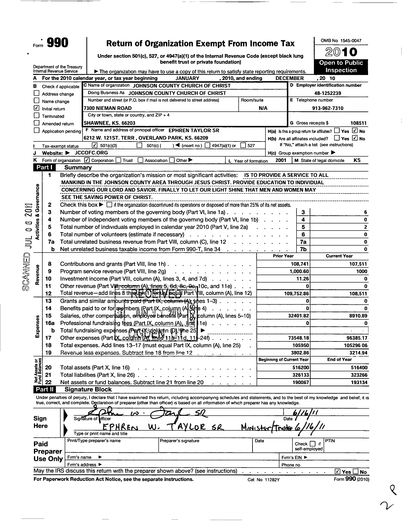 Image of first page of 2010 Form 990 for Church of Christ at Johnson County