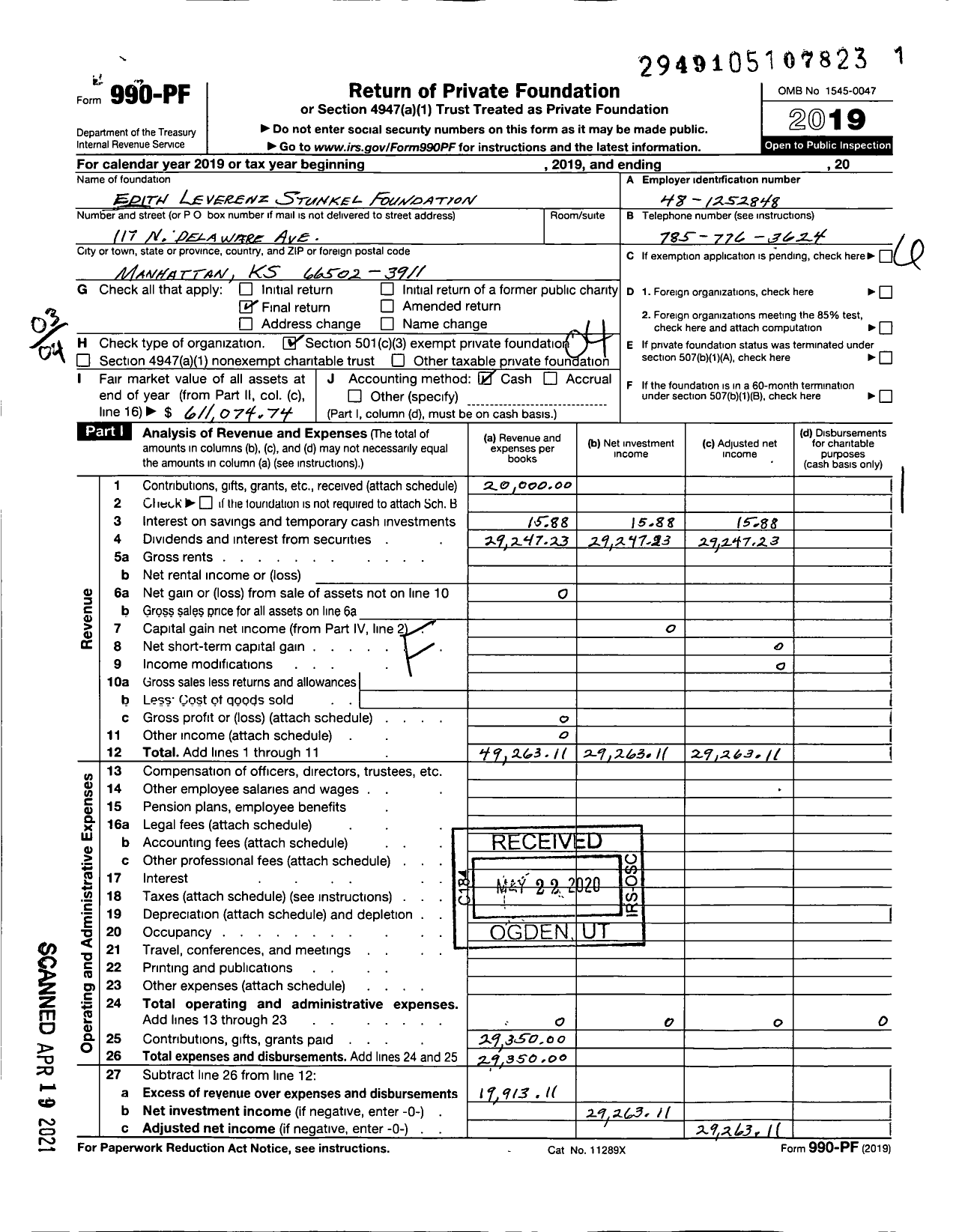 Image of first page of 2019 Form 990PF for Edith Leverenz Stunkel Foundation