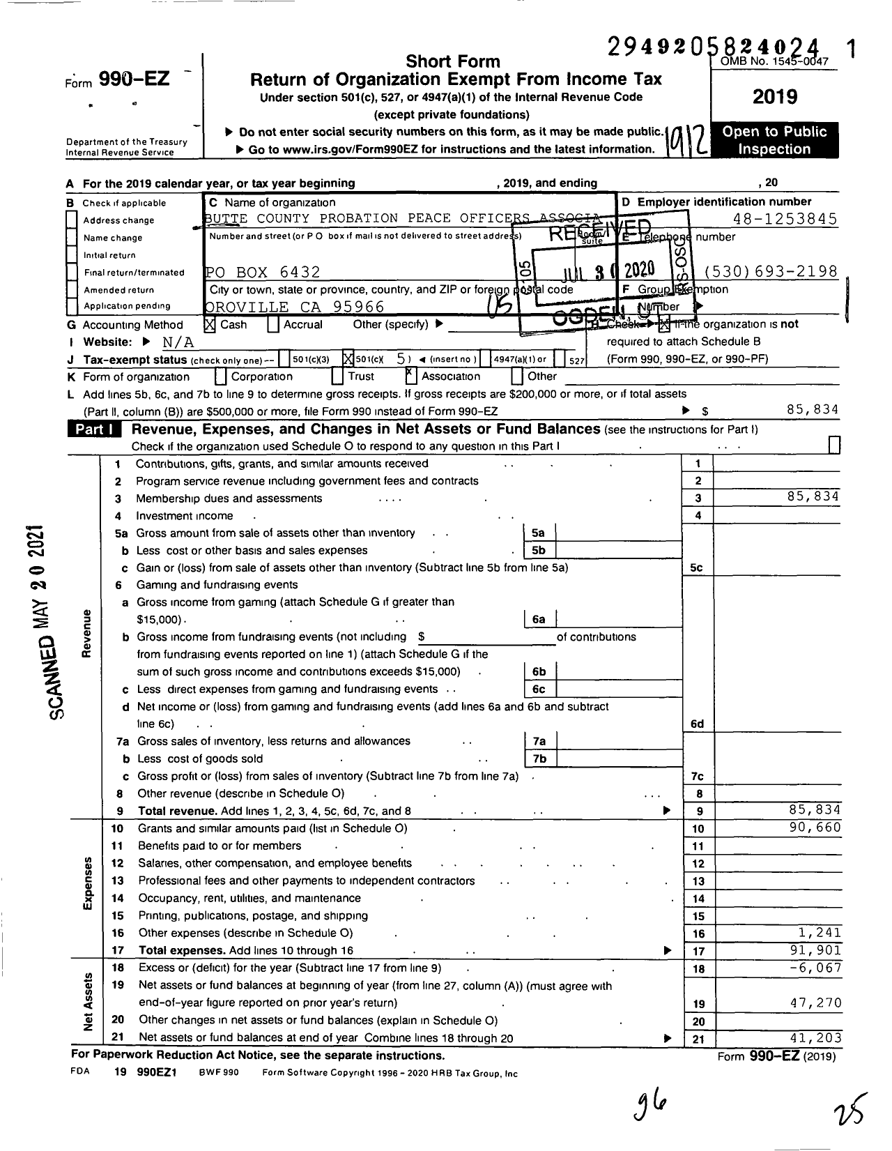 Image of first page of 2019 Form 990EO for Butte County Probation Peace Officers Association