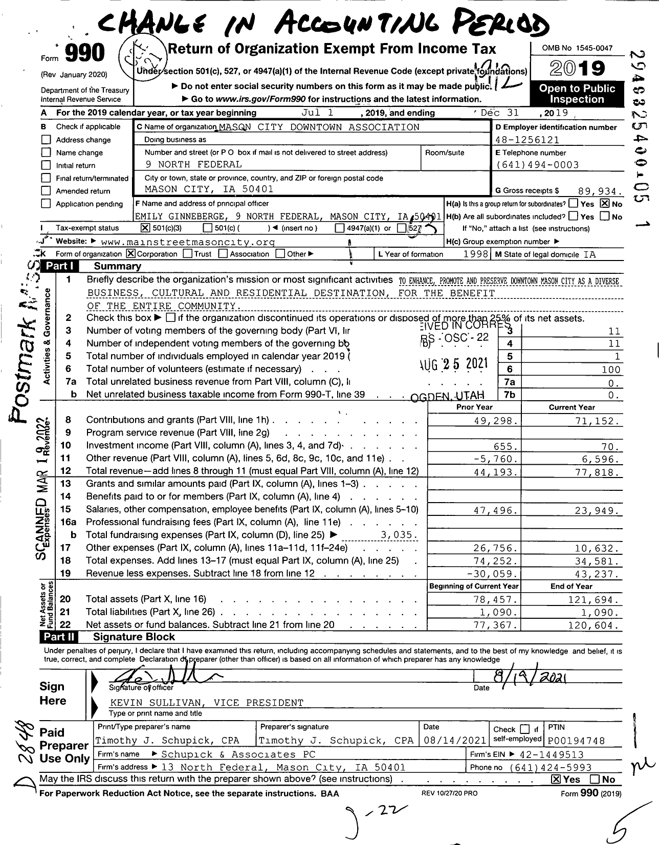 Image of first page of 2019 Form 990 for Mason City Downtown Association