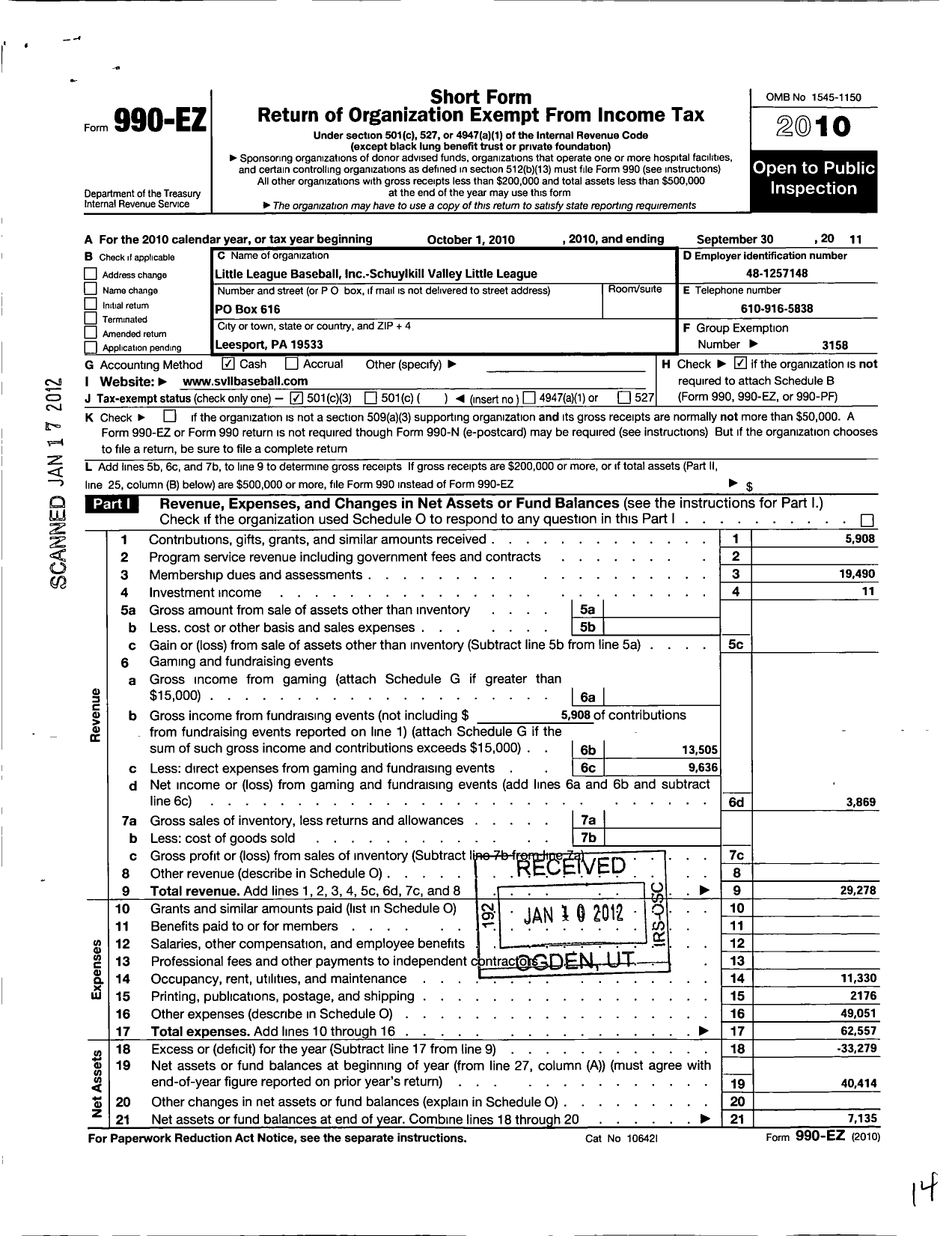Image of first page of 2010 Form 990EZ for Little League Baseball - 130679 Schuylkill Valley LL