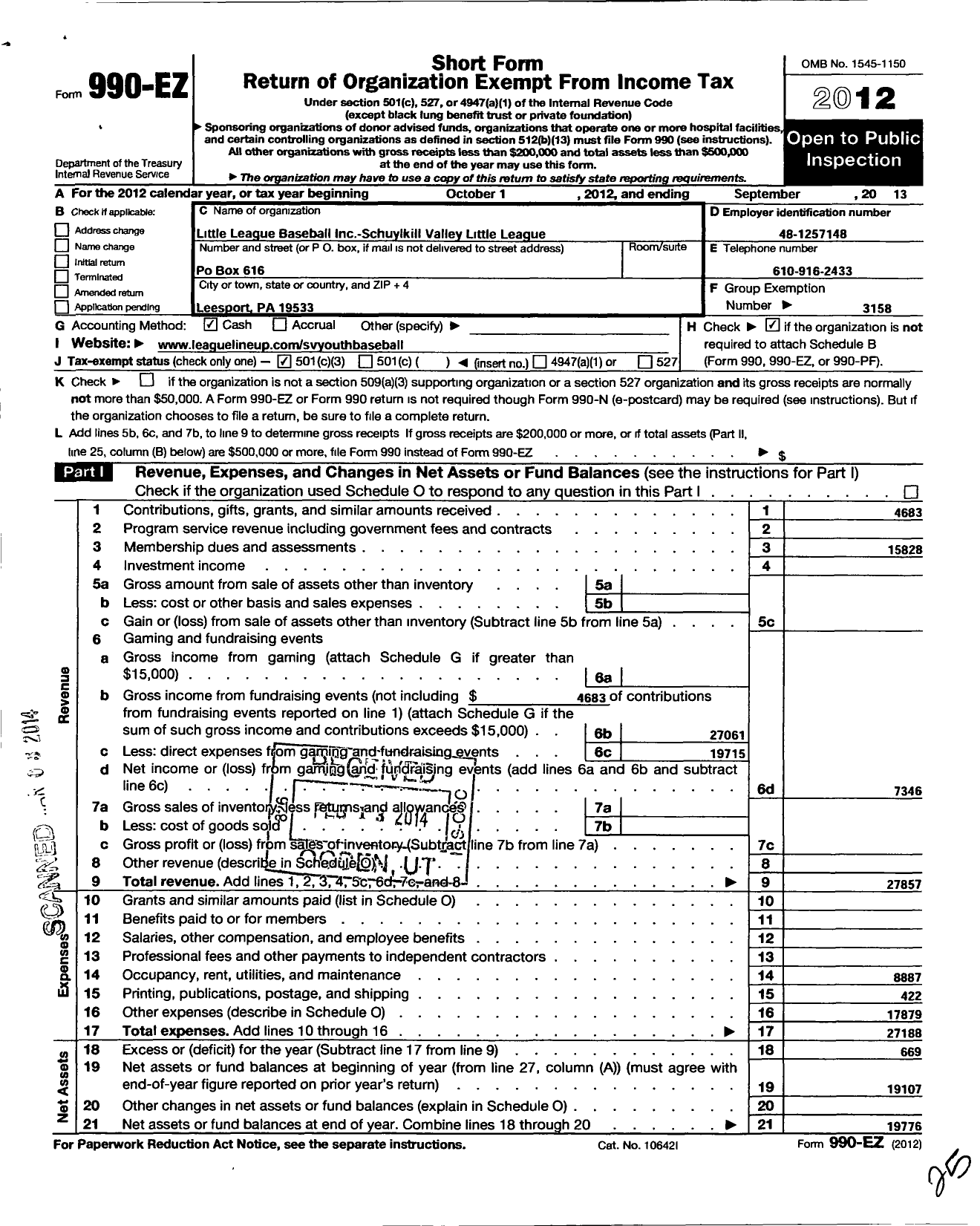 Image of first page of 2012 Form 990EZ for Little League Baseball - 130679 Schuylkill Valley LL