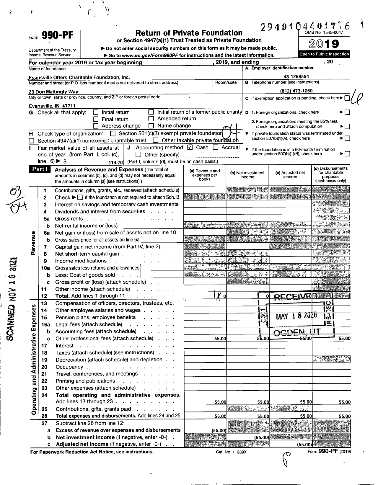 Image of first page of 2019 Form 990PF for Evansville Otters Charitable Foundation