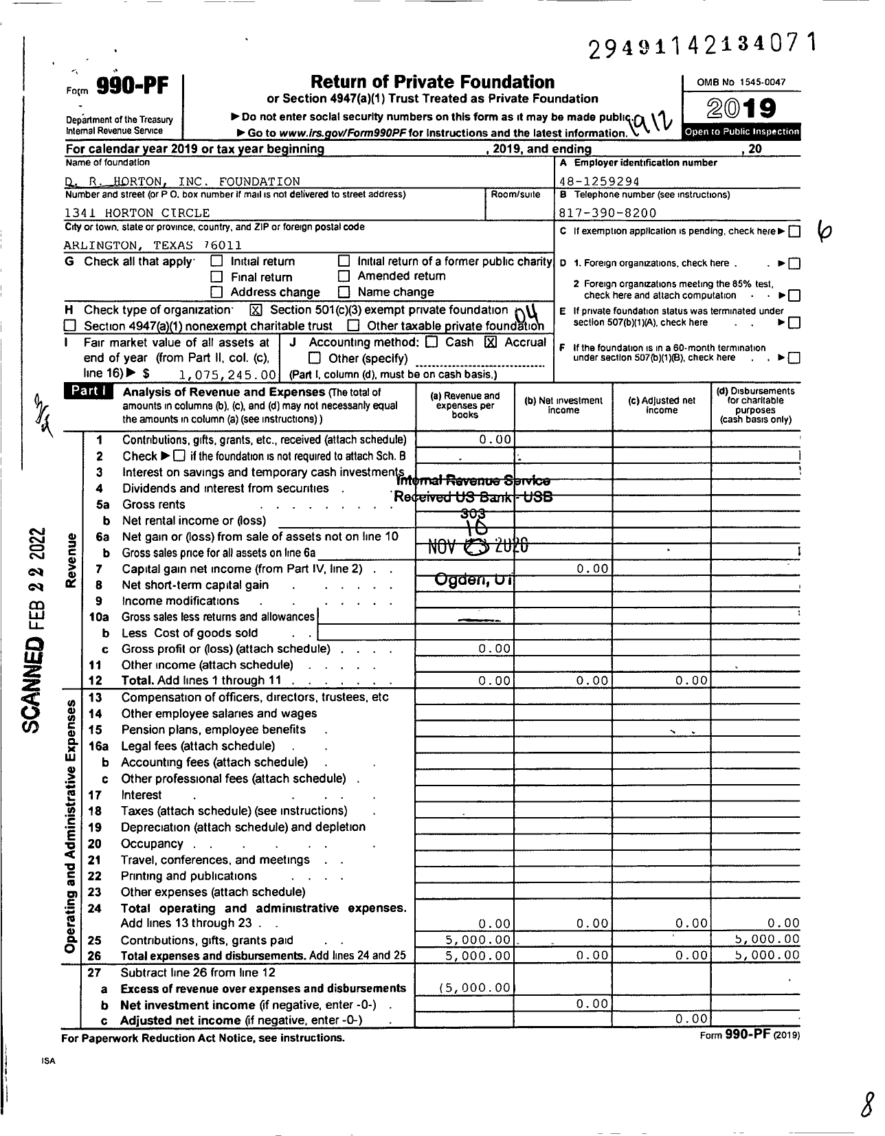 Image of first page of 2019 Form 990PF for Dr Horton Foundation