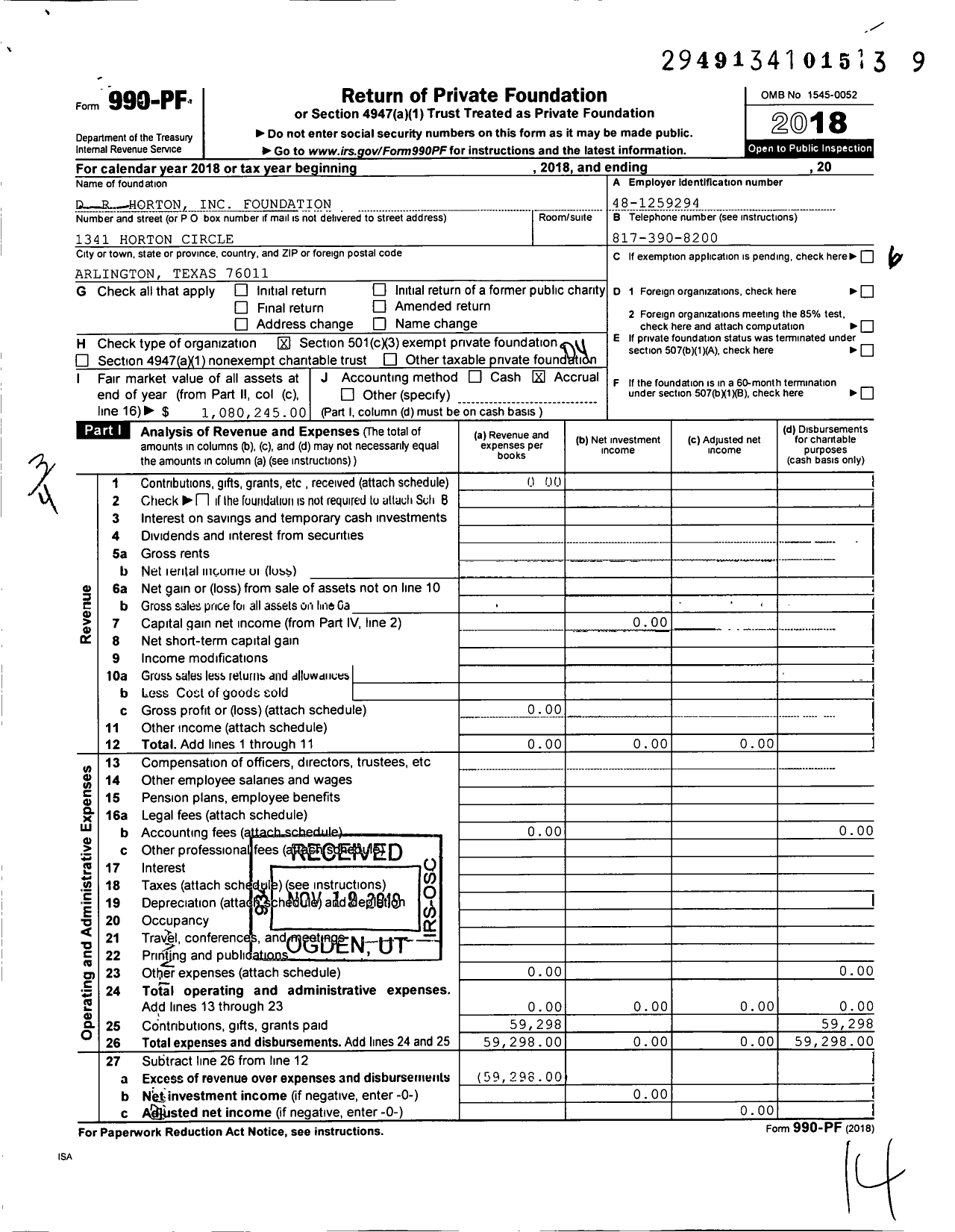 Image of first page of 2018 Form 990PF for Dr Horton Foundation