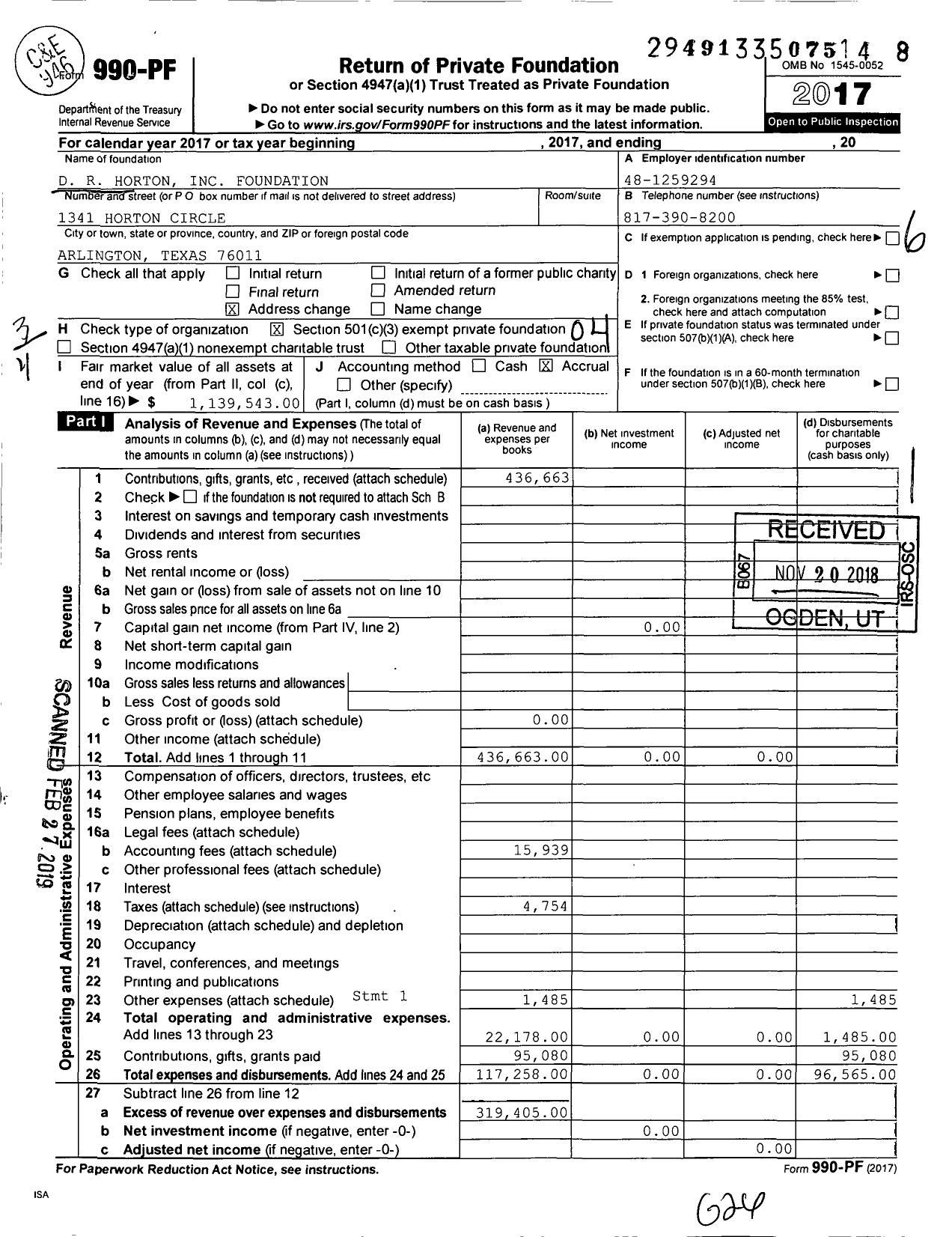 Image of first page of 2017 Form 990PF for Dr Horton Foundation