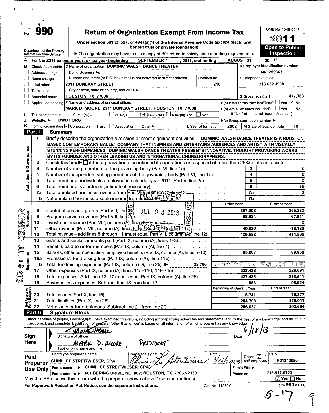 Image of first page of 2011 Form 990 for Dominic Walsh Dance Theater