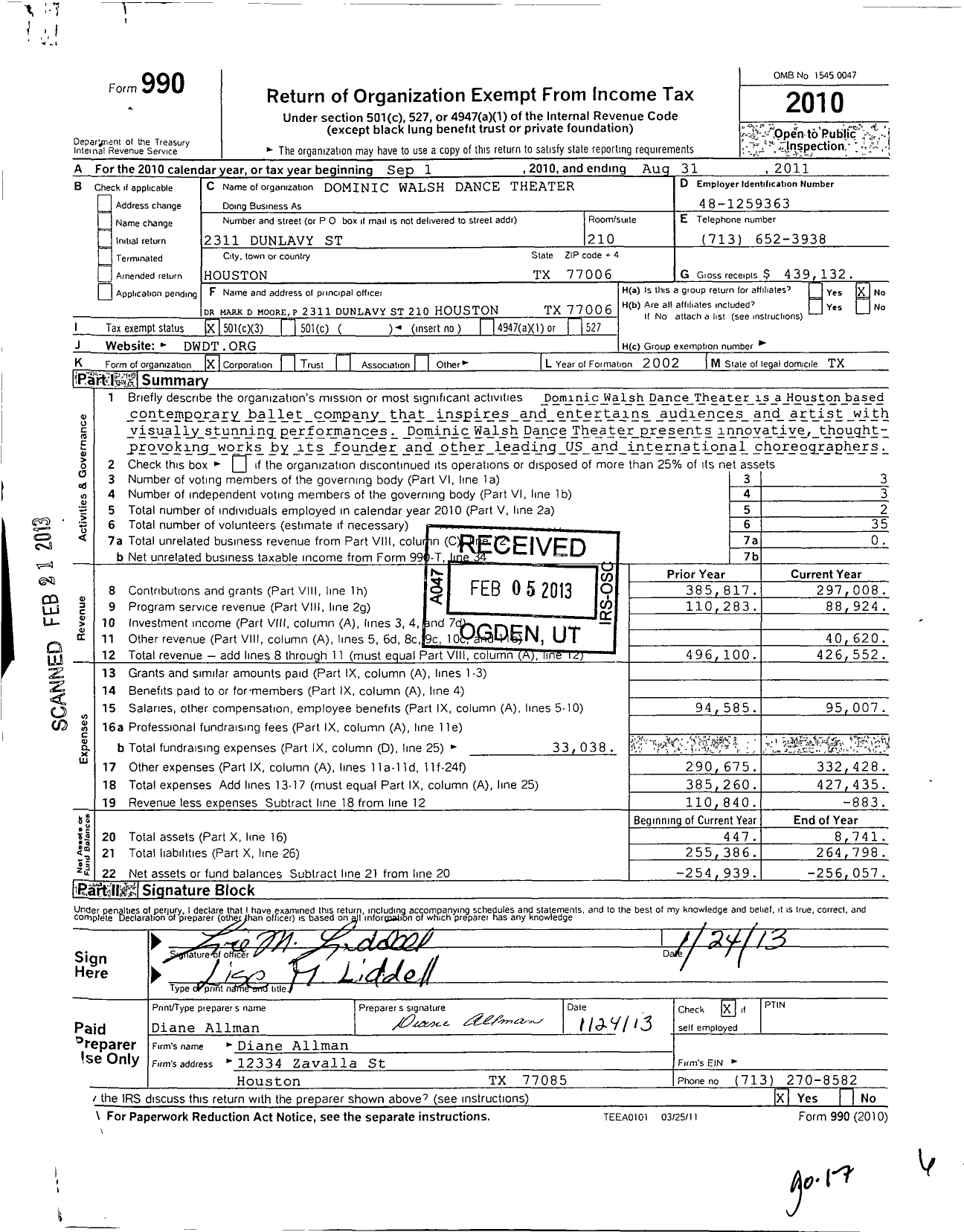 Image of first page of 2011 Form 990 for Dominic Walsh Dance Theater