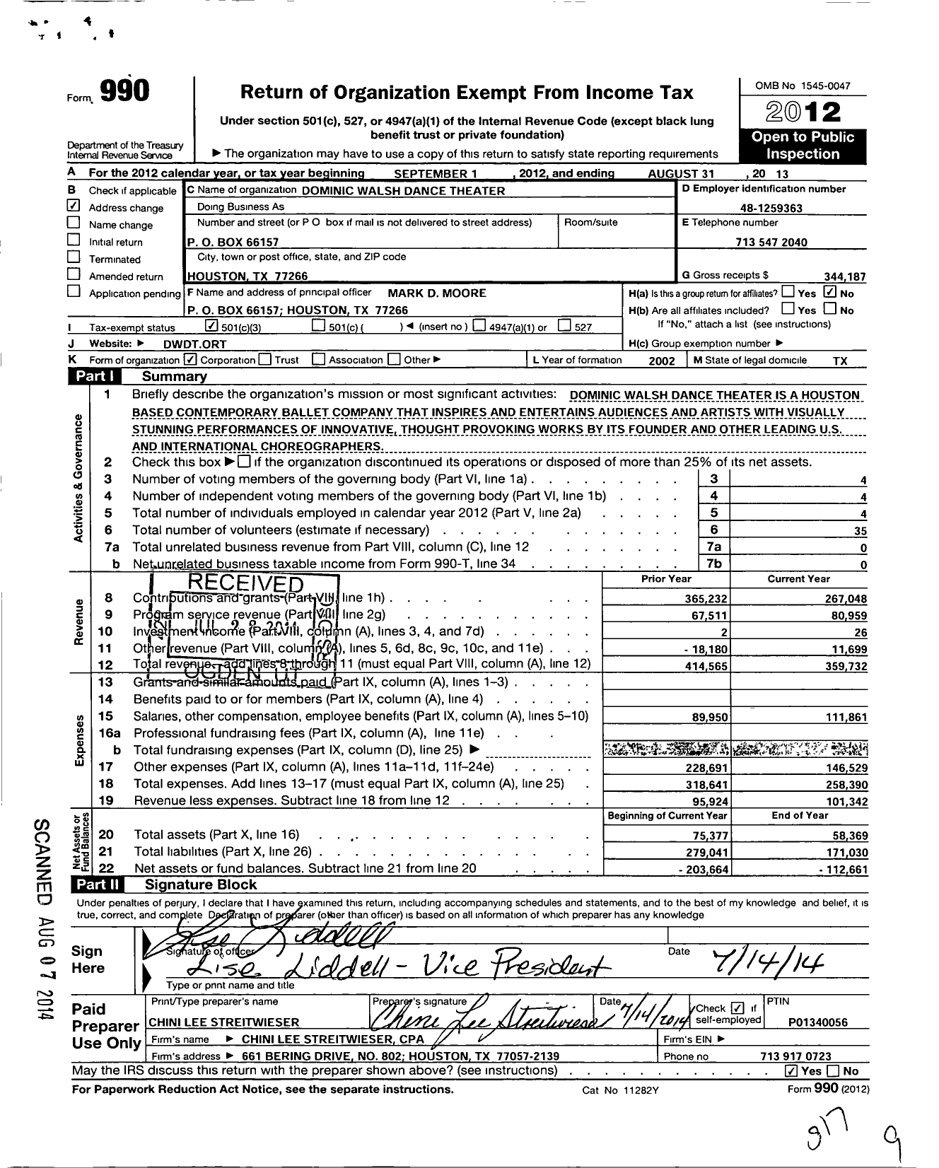 Image of first page of 2012 Form 990 for Dominic Walsh Dance Theater