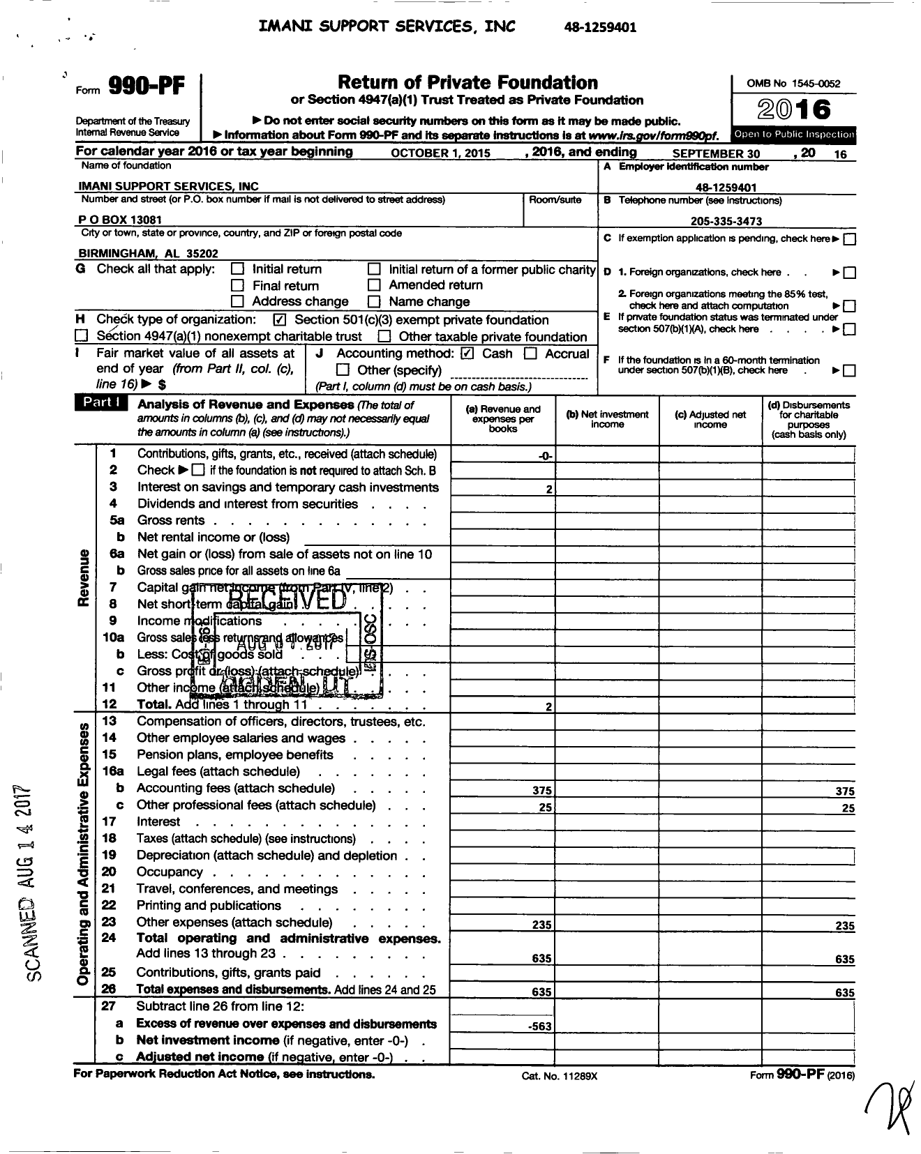 Image of first page of 2015 Form 990PF for Imani Support Services