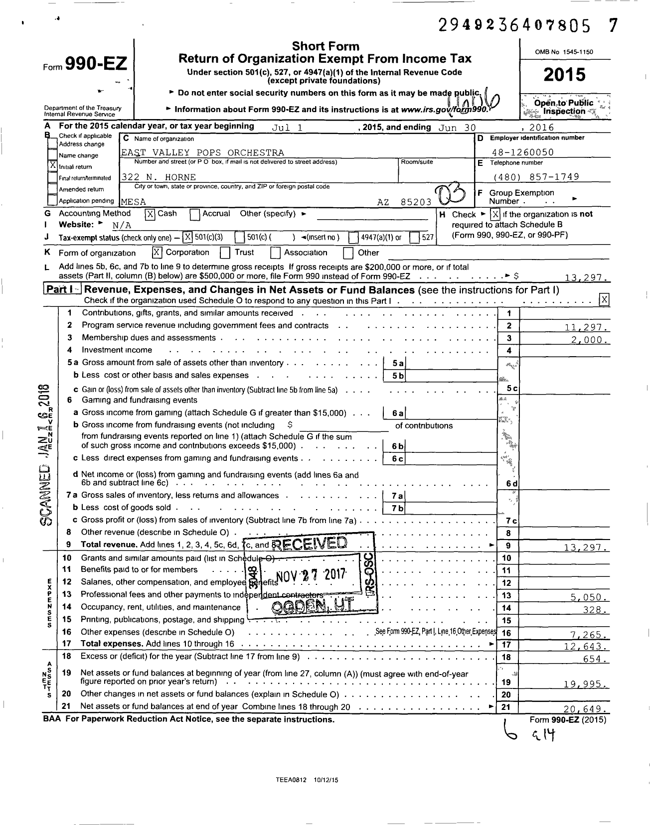 Image of first page of 2015 Form 990EZ for East Valley Pops Orchestra