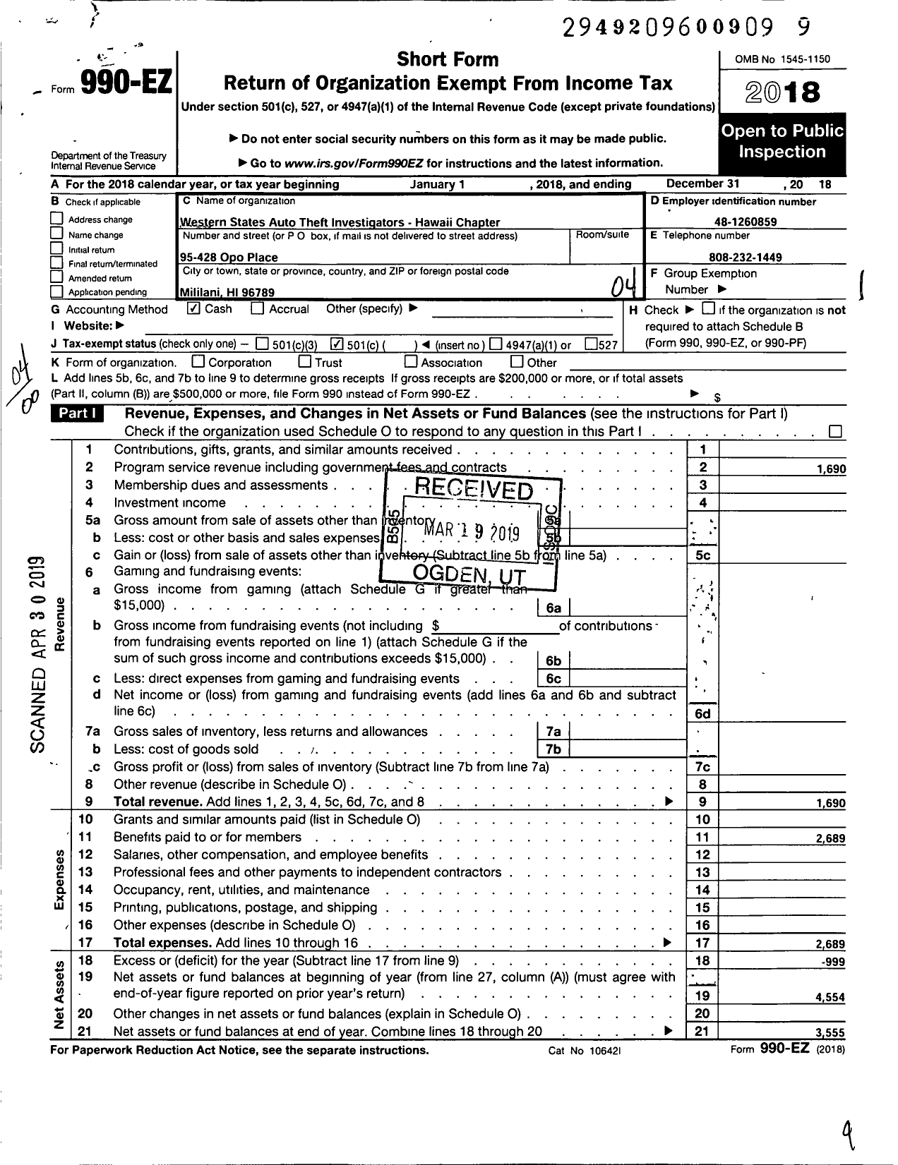 Image of first page of 2018 Form 990EO for Western States Auto Theft Investagators Association