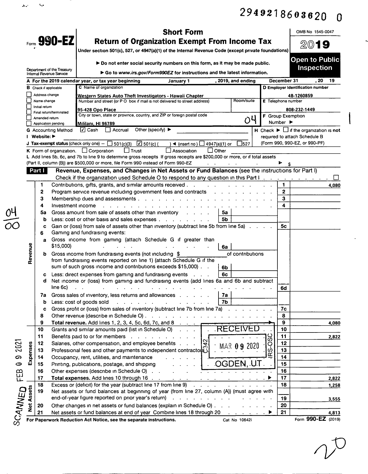 Image of first page of 2019 Form 990O for Western States Auto Theft Investagators Association