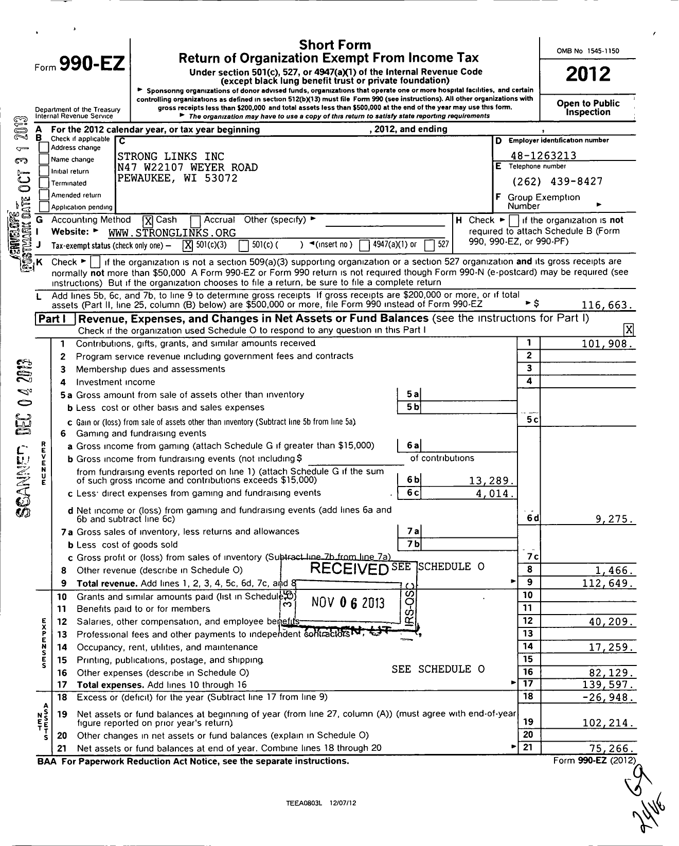 Image of first page of 2012 Form 990EZ for Strong Links