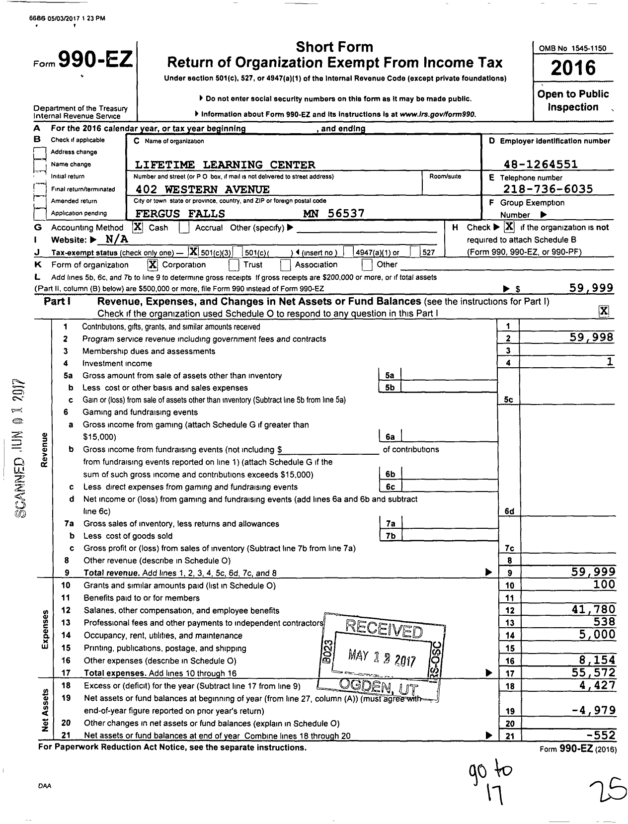 Image of first page of 2016 Form 990EZ for Lifetime Learning Center
