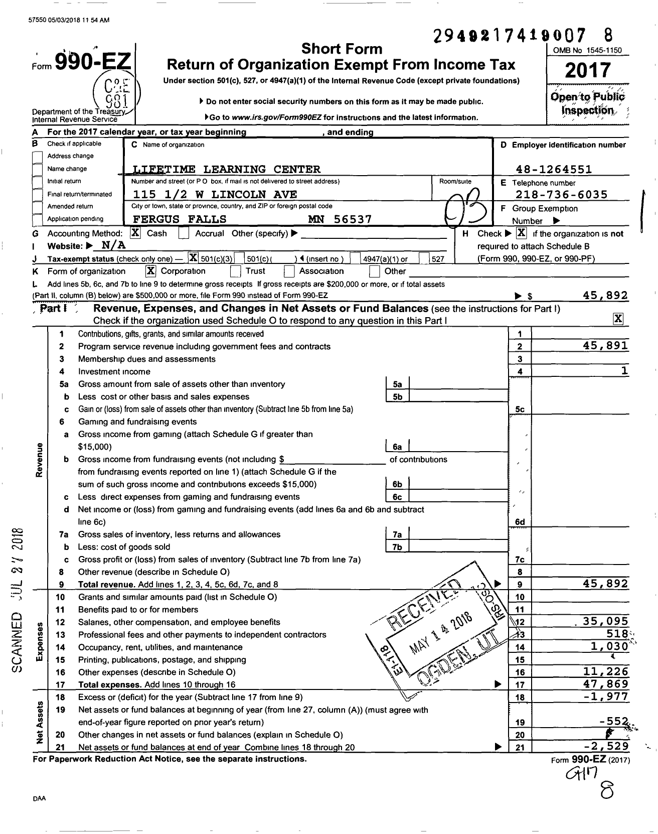 Image of first page of 2017 Form 990EZ for Lifetime Learning Center