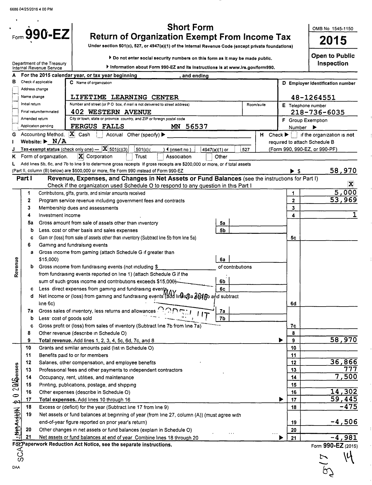Image of first page of 2015 Form 990EZ for Lifetime Learning Center