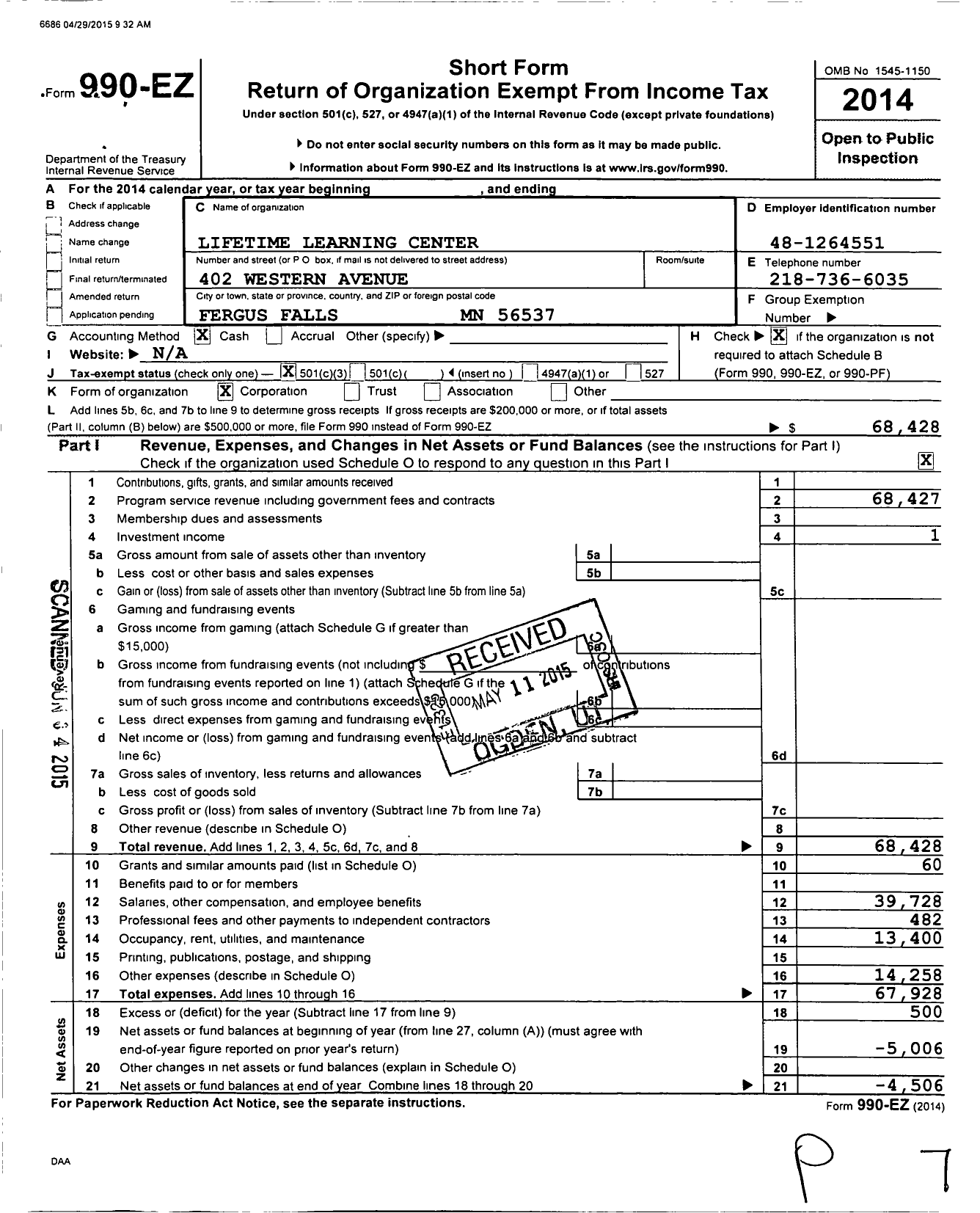 Image of first page of 2014 Form 990EZ for Lifetime Learning Center