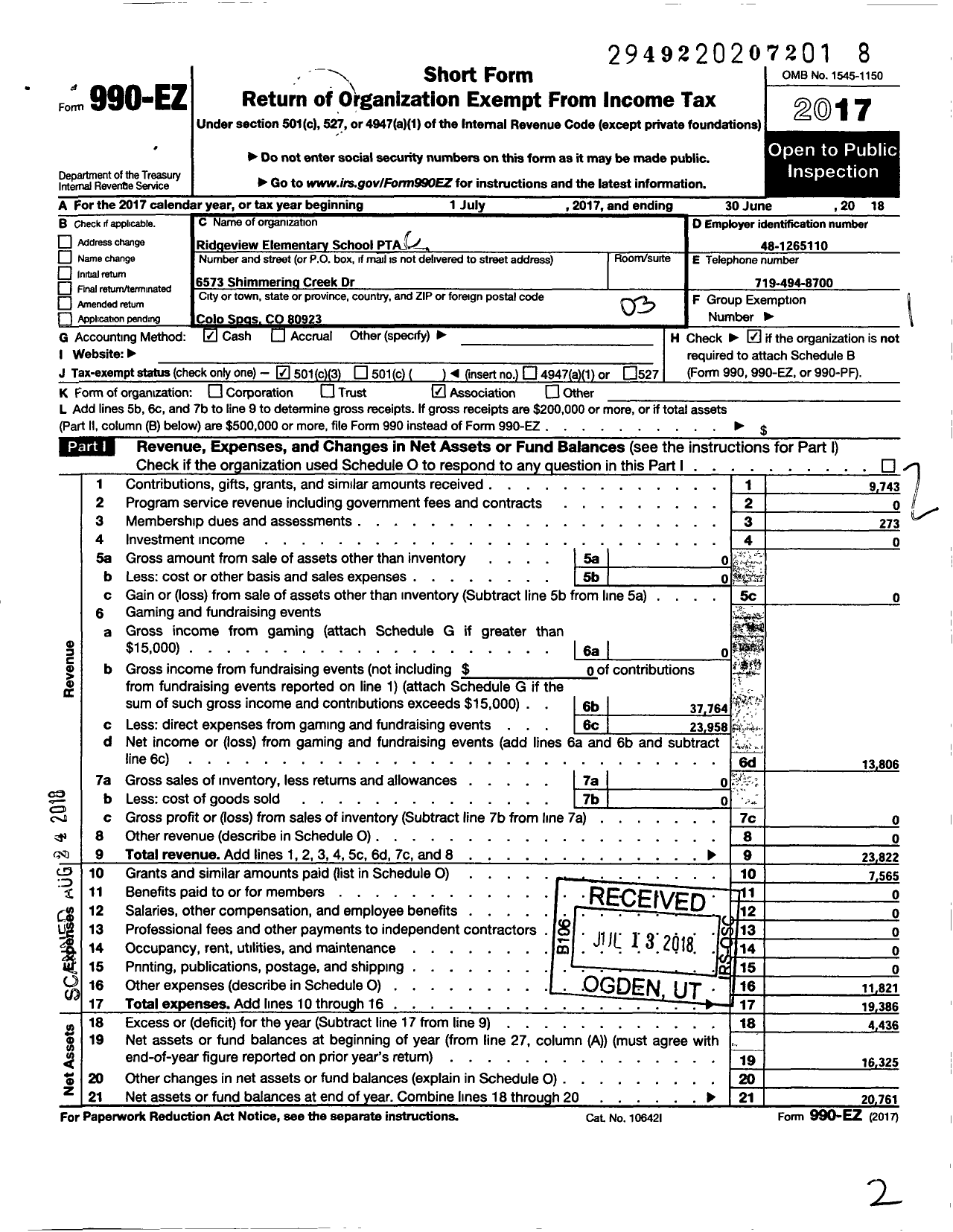 Image of first page of 2017 Form 990EZ for PTA Colorado Congress / Ridgeview PTA