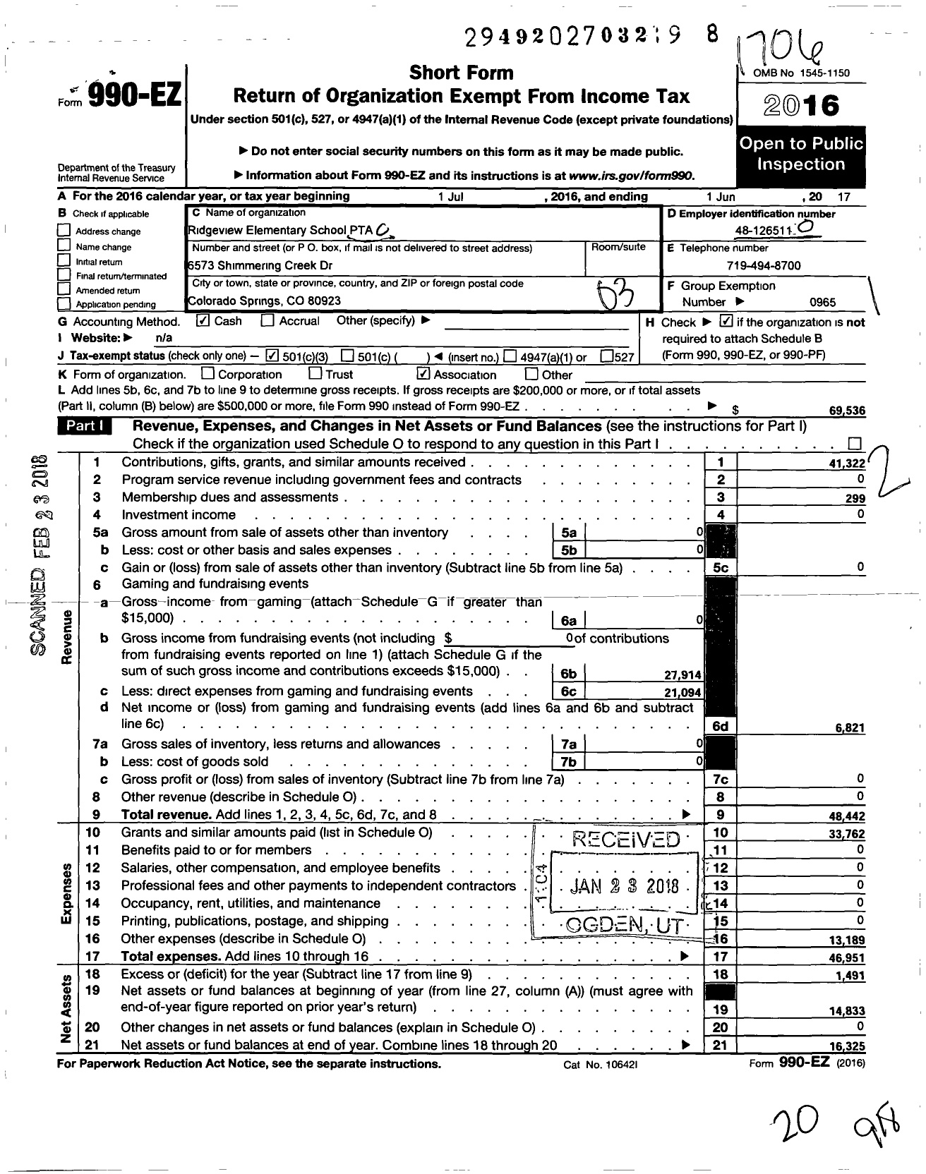 Image of first page of 2016 Form 990EZ for PTA Colorado Congress / Ridgeview PTA